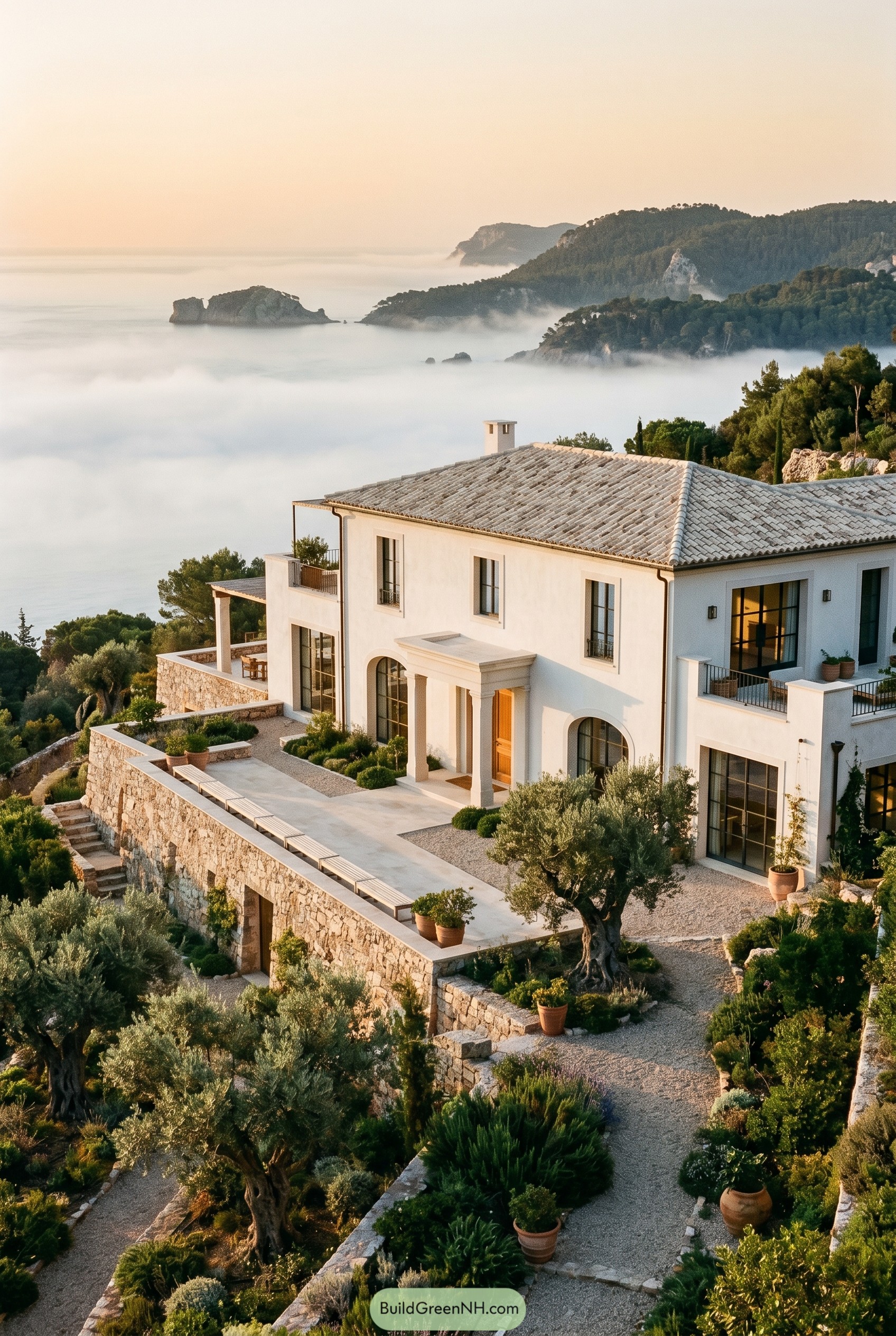 White Mediterranean villa on terraced hillside above sea mist