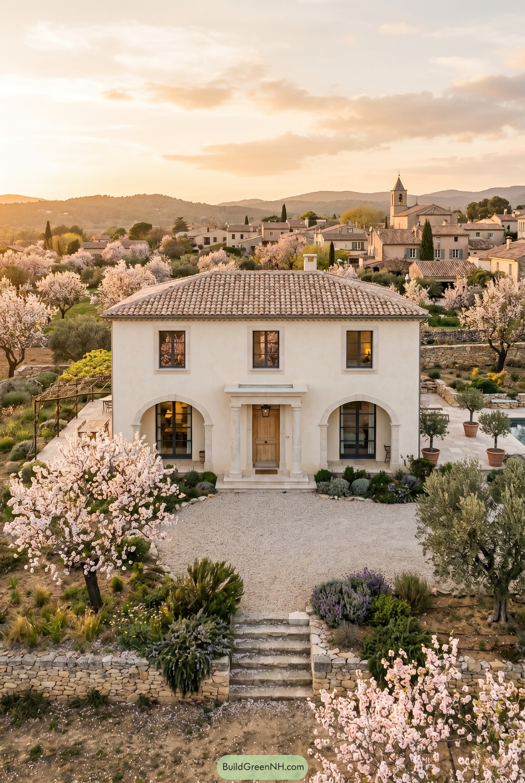 Cream stucco villa with arches among blooming trees