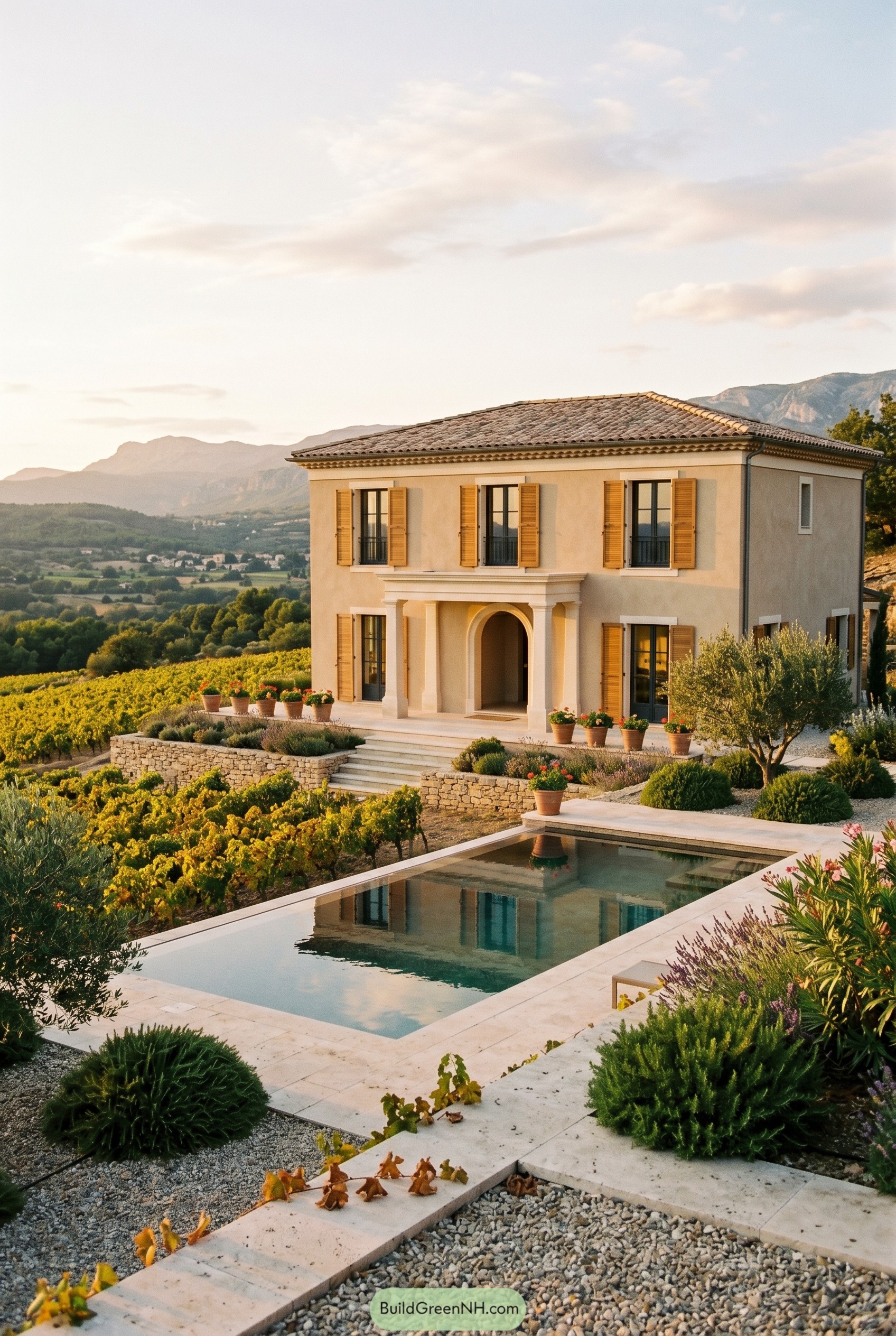 Cream stucco villa with pool and vineyards