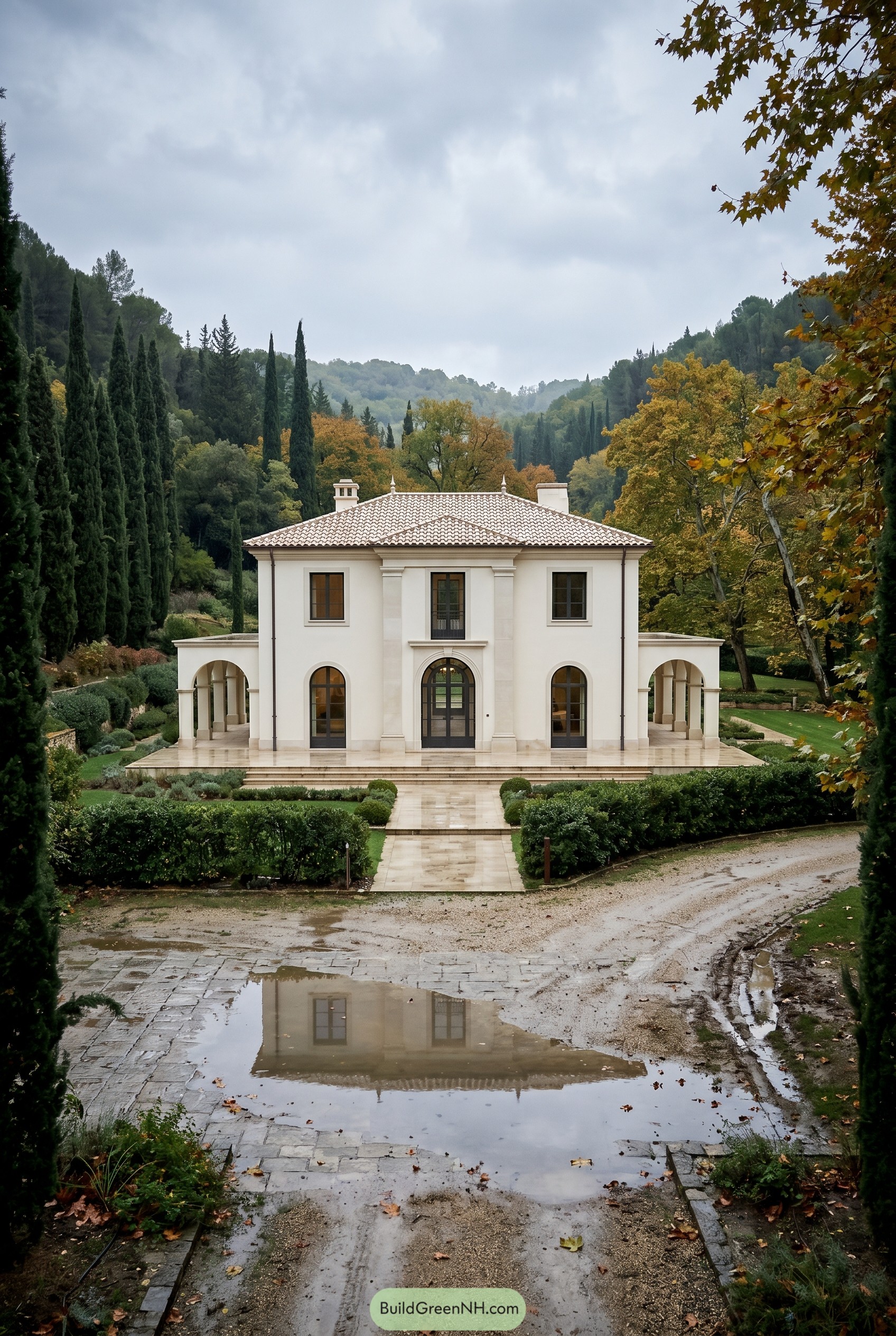 Cream stucco villa with arched porticos and tile roof