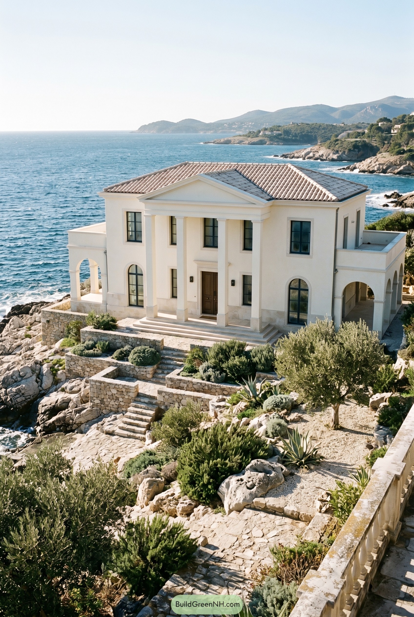White neoclassical villa on a rocky seaside cliff