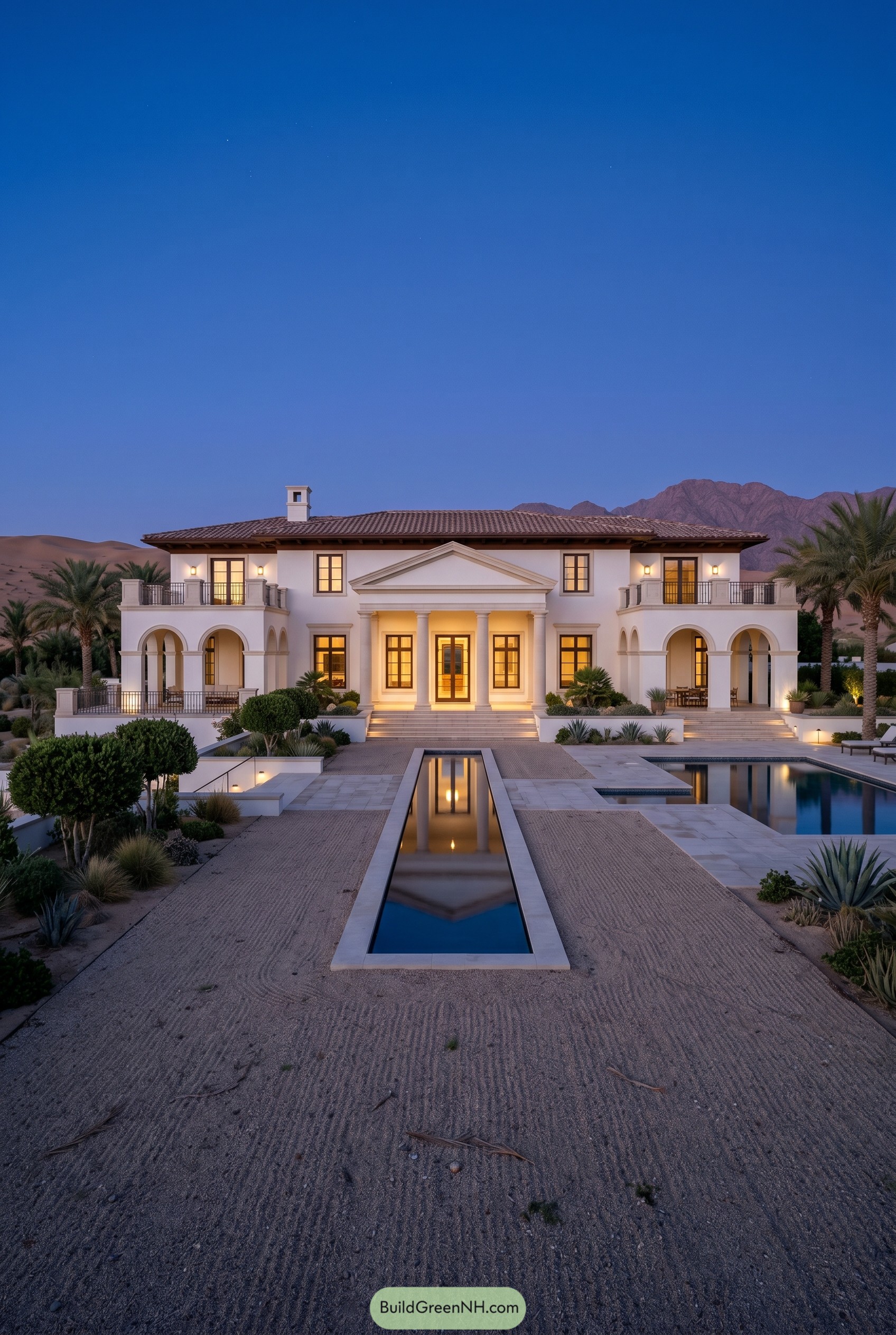 Symmetrical white villa with reflecting pool in desert