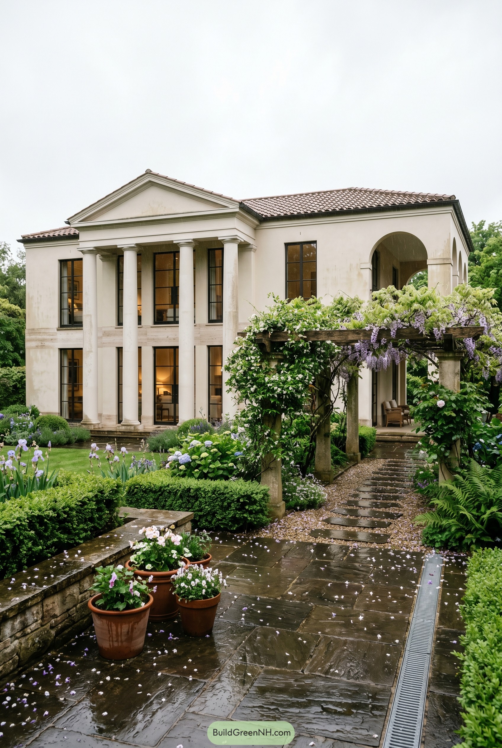 Cream stucco villa with columns and pergola