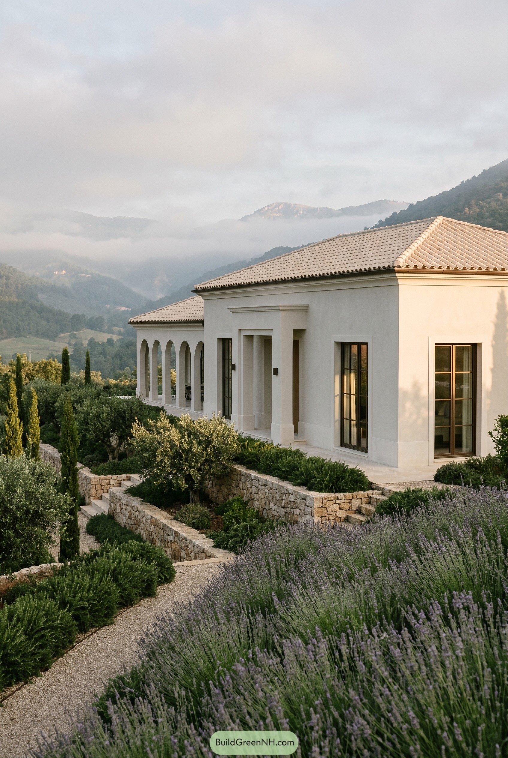 White stucco villa with arched loggia and lavender terraces