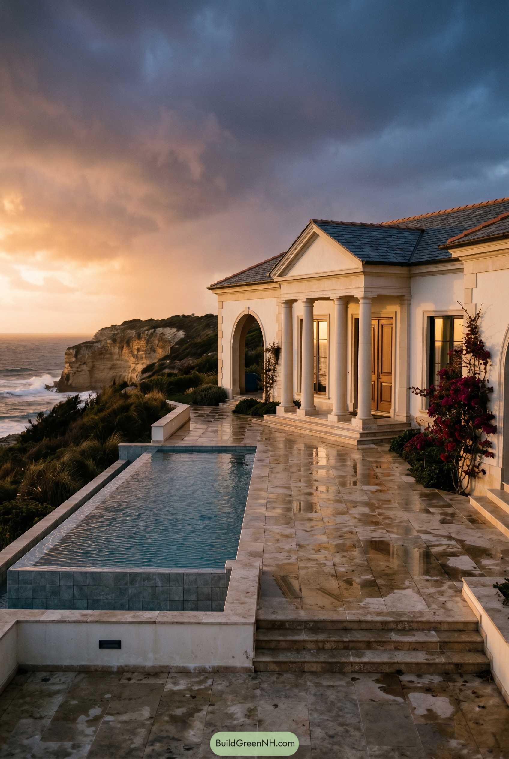 Coastal villa with columns and cliffside pool
