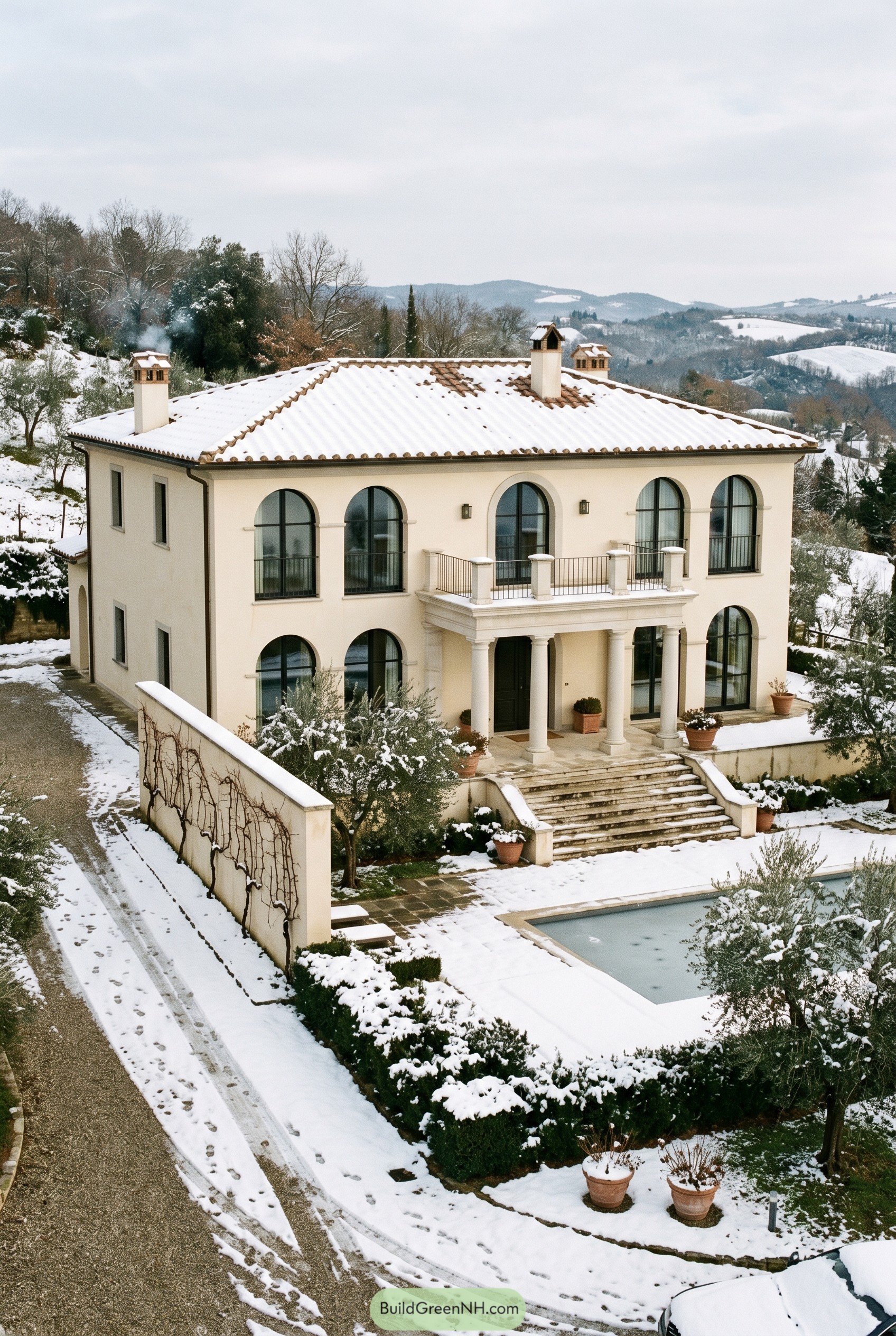 Cream stucco villa with arched windows in snow