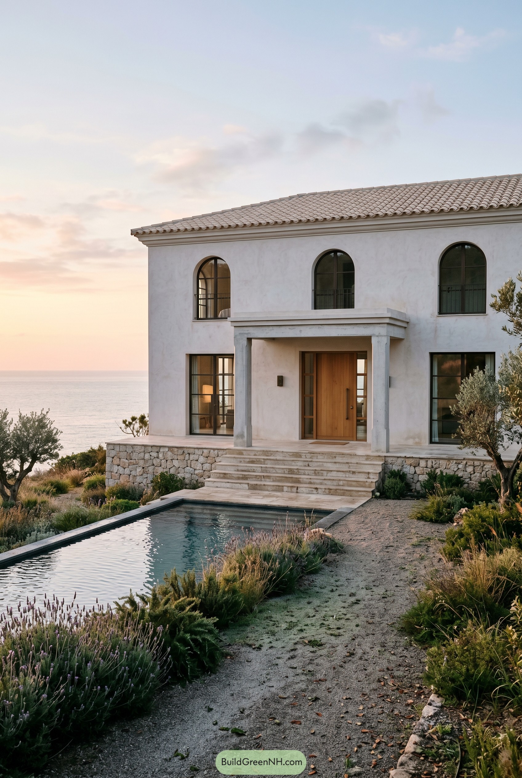 White Mediterranean villa with arched windows and pool