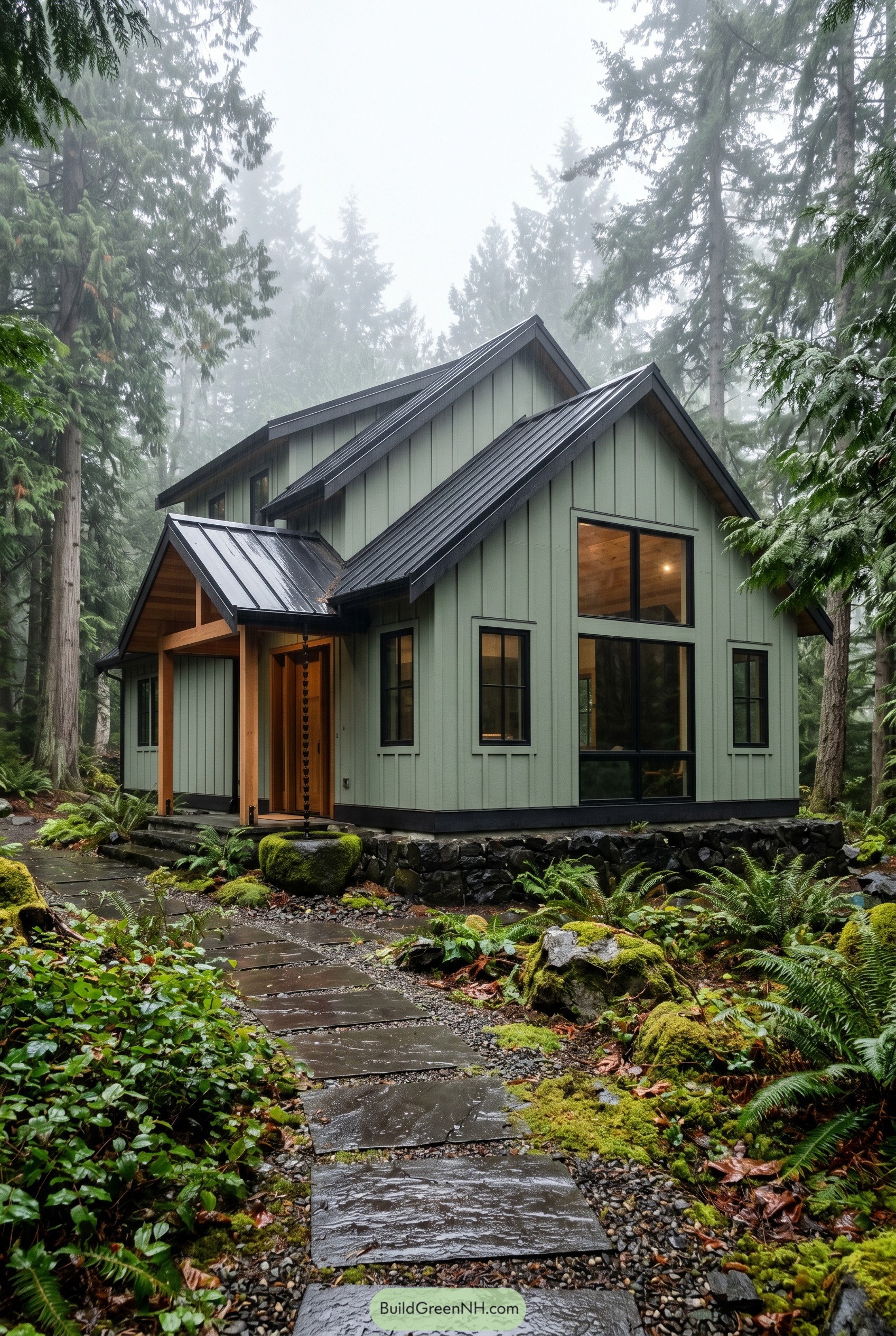 Sage green modern gabled house in a misty forest