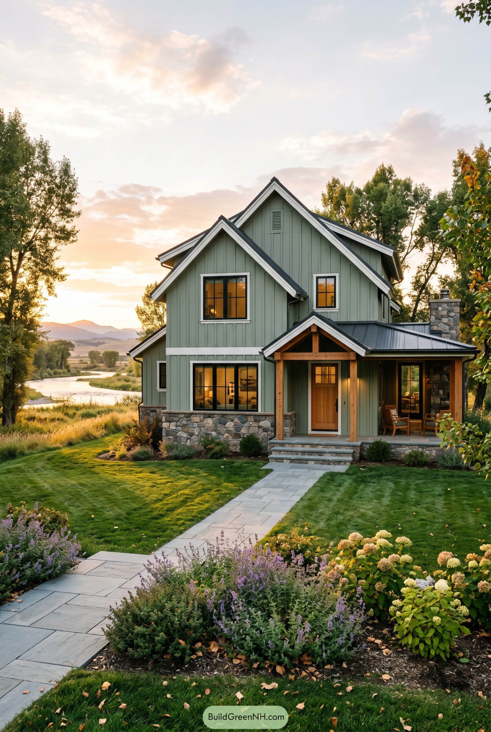 Sage green gabled house with stone porch beside a river