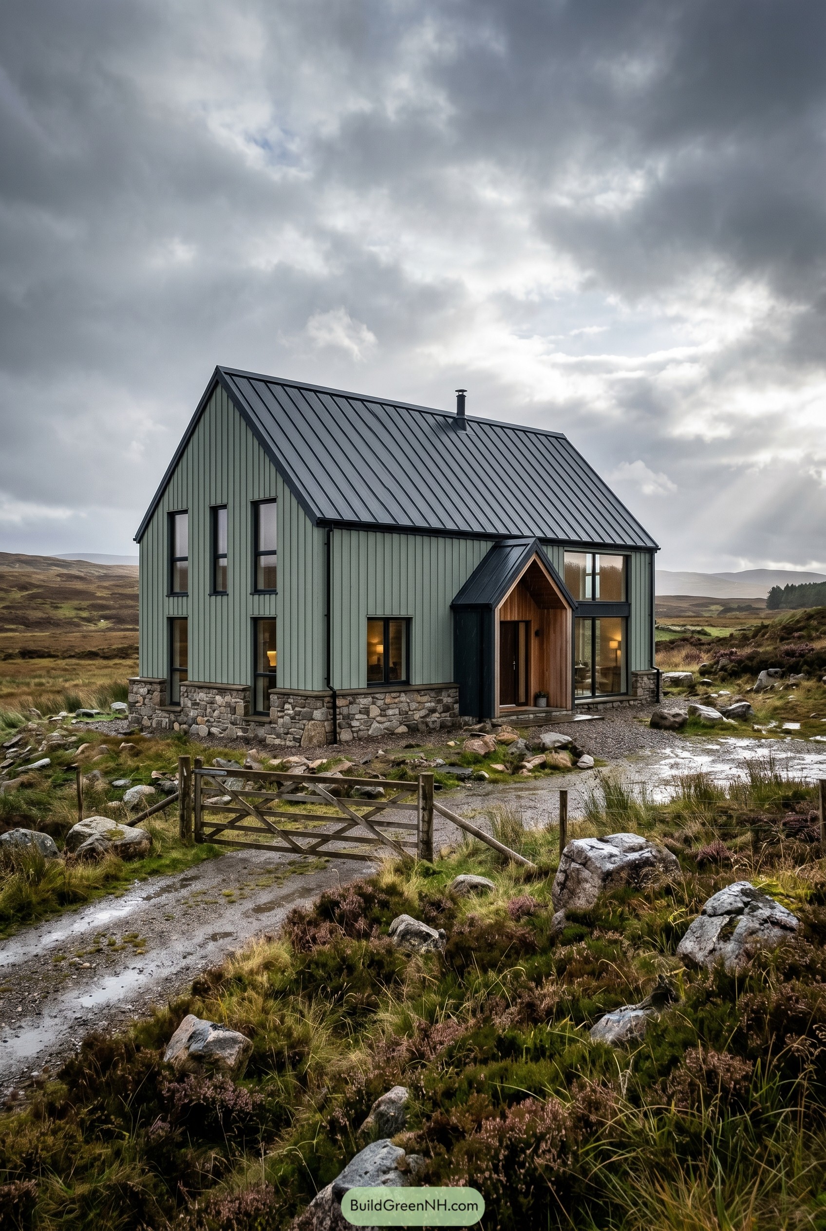 Sage green modern gabled home with stone base