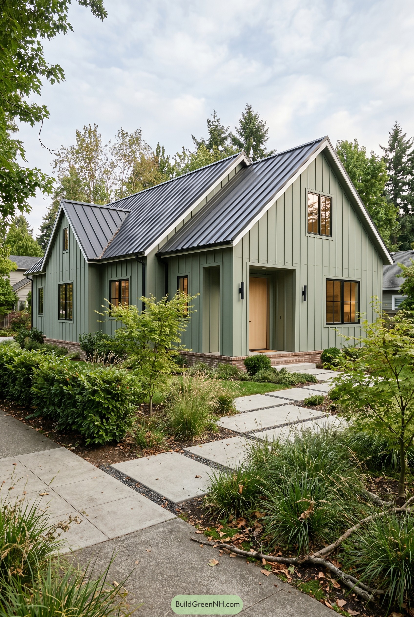 Sage green gabled home with black metal roof