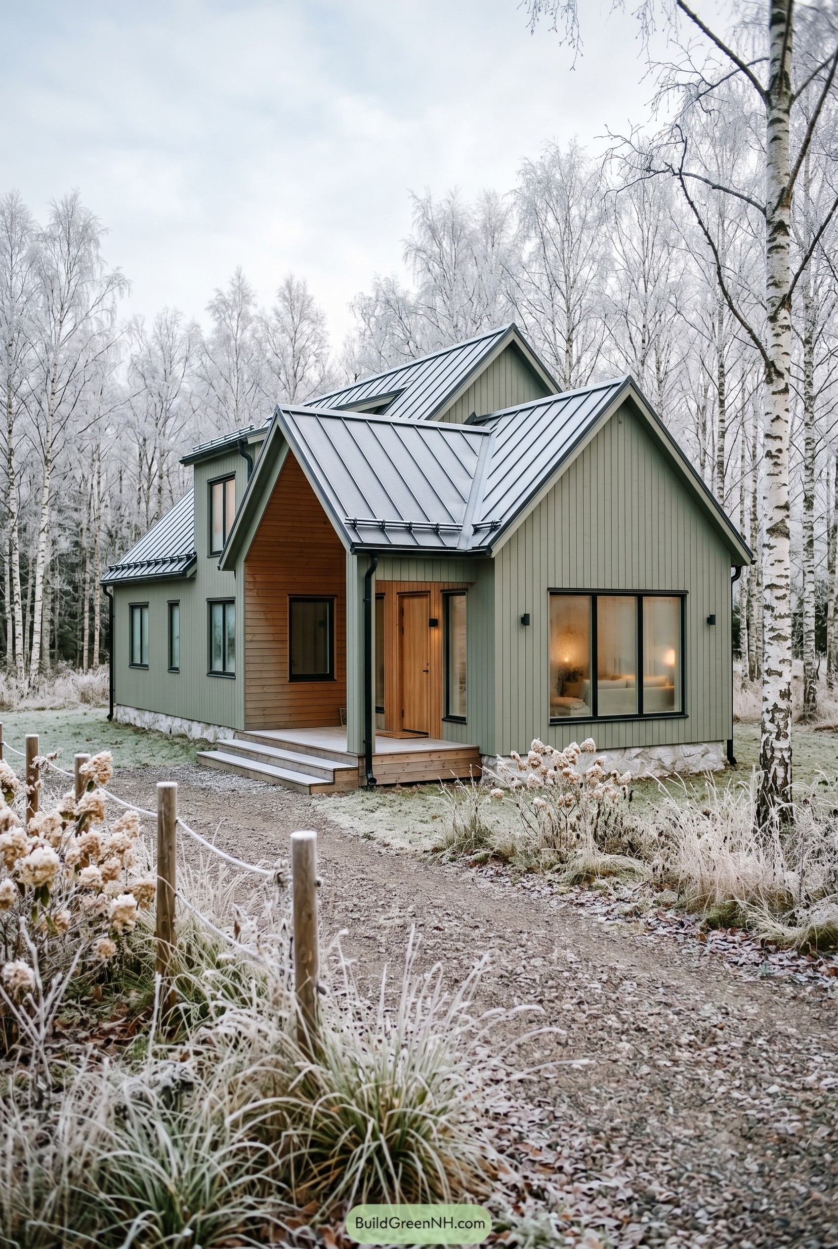 Sage green modern gabled house in frosty birch grove