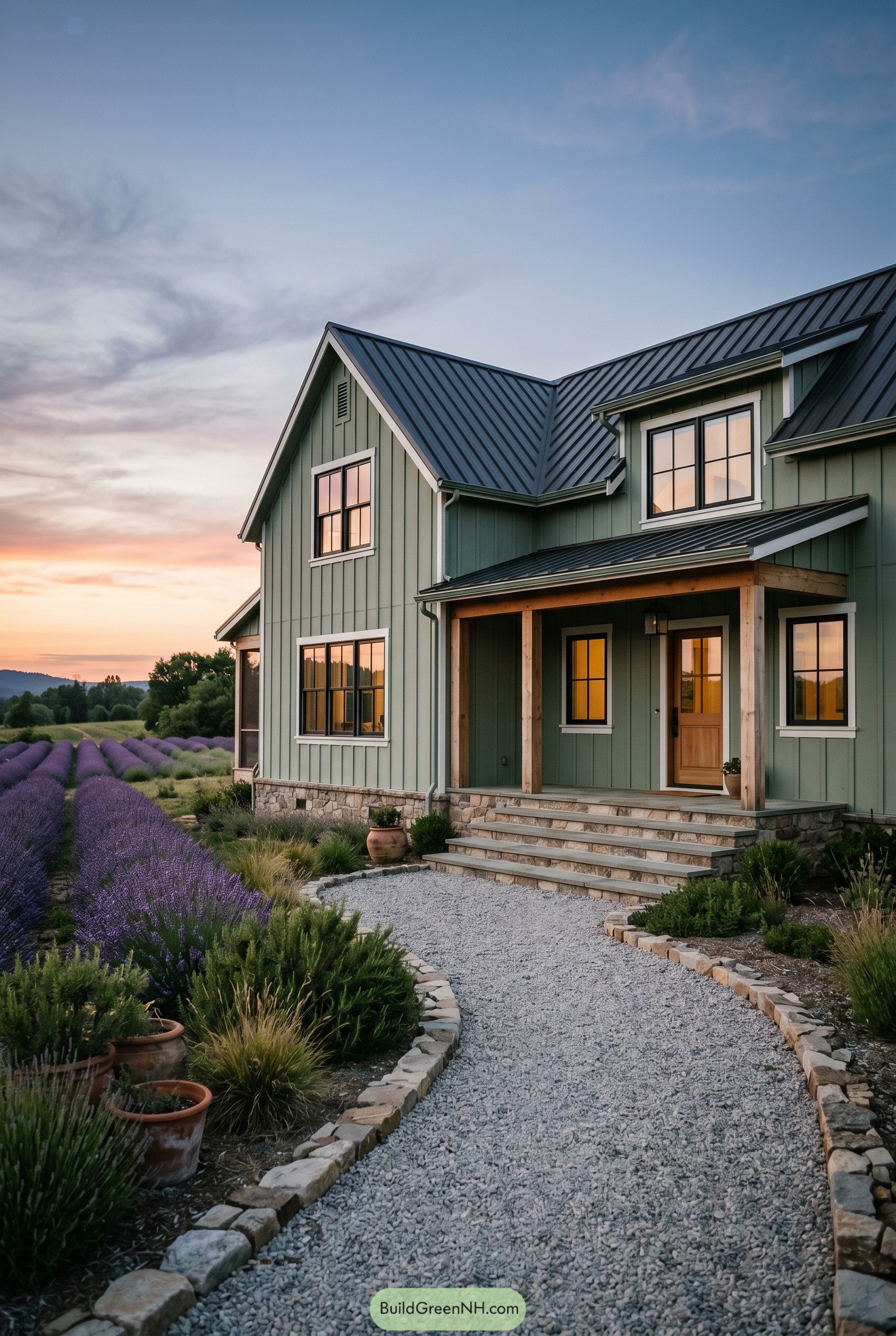 Sage green gabled farmhouse beside lavender rows