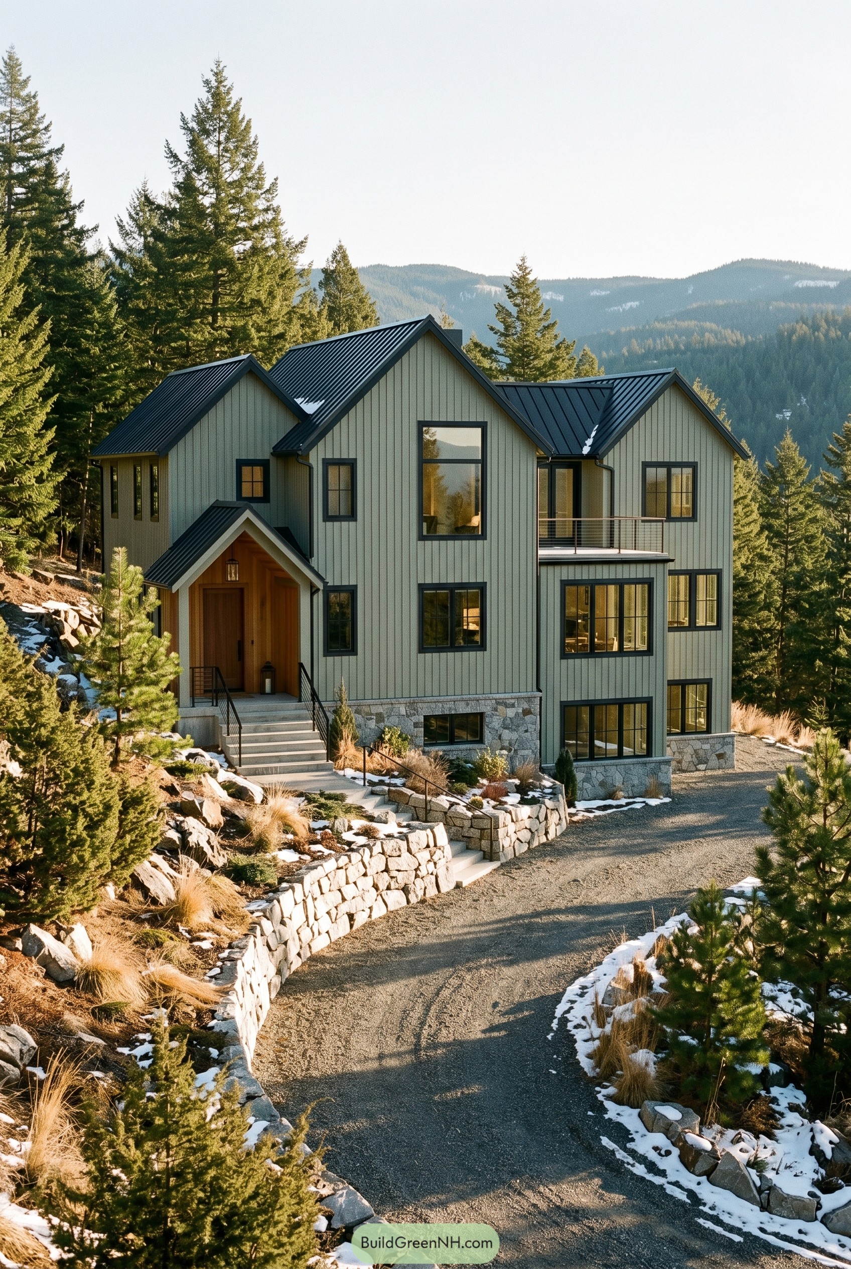 Sage green gabled mountain house with stone base