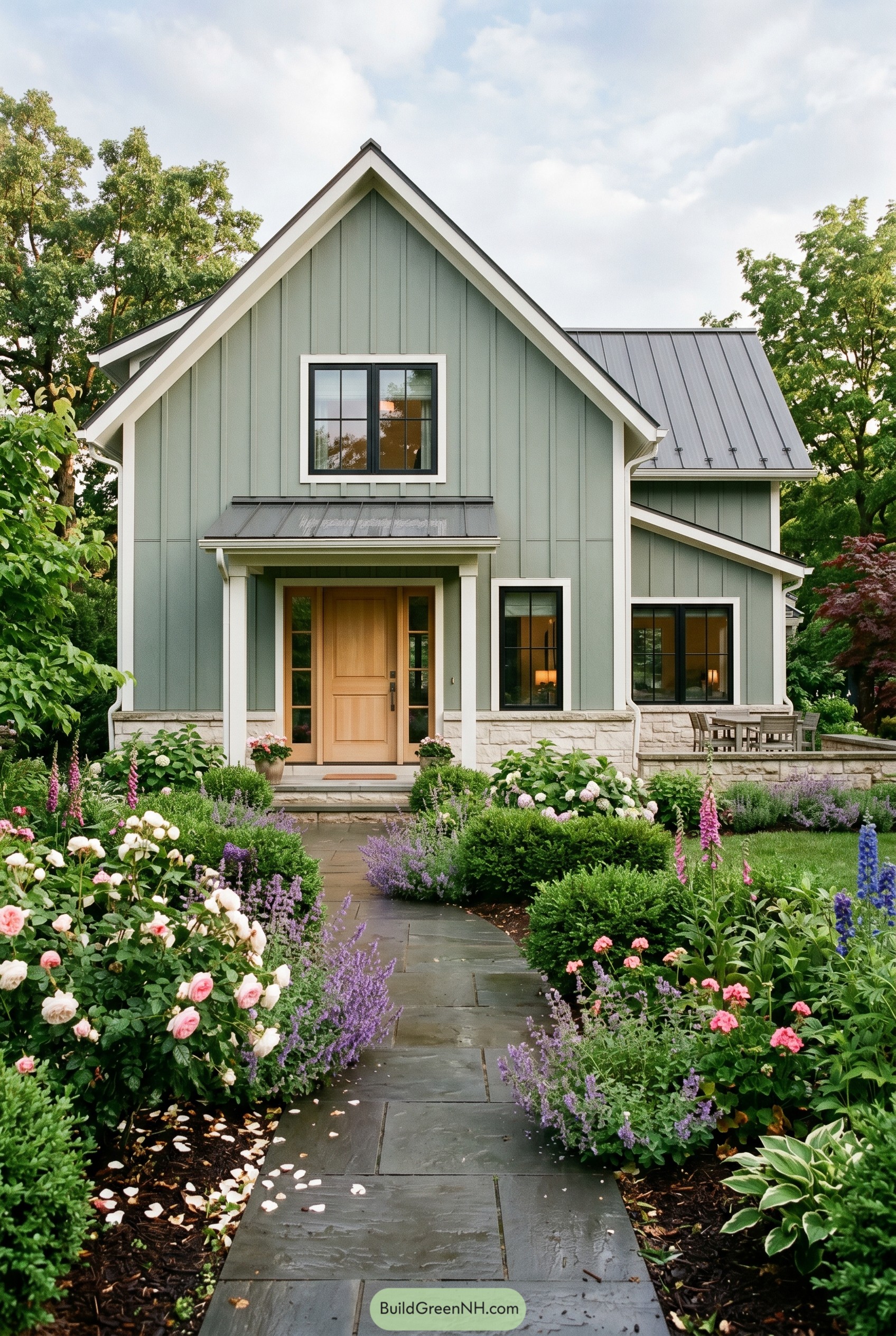 Sage green modern gabled house with lush garden