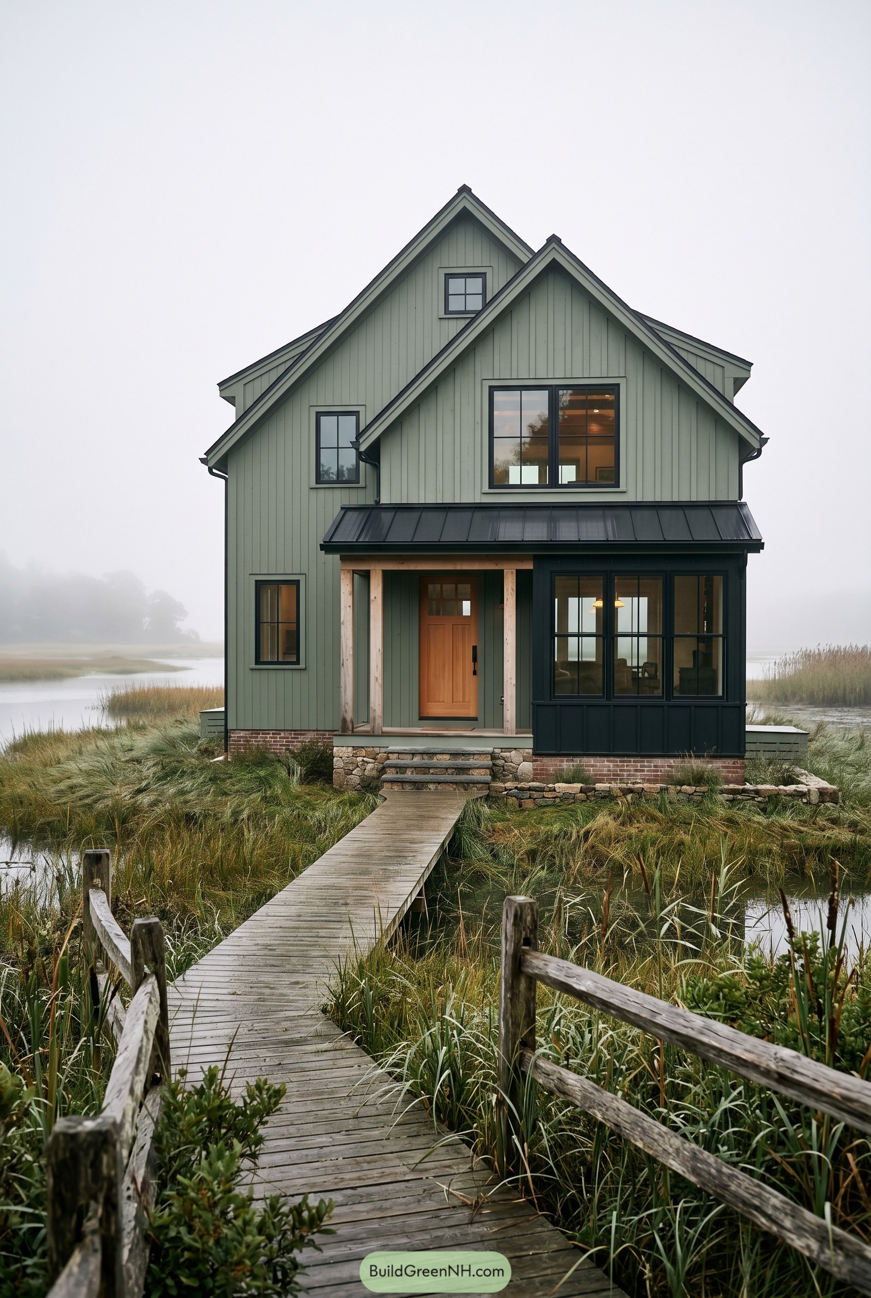 Sage green modern gabled house on a marsh boardwalk