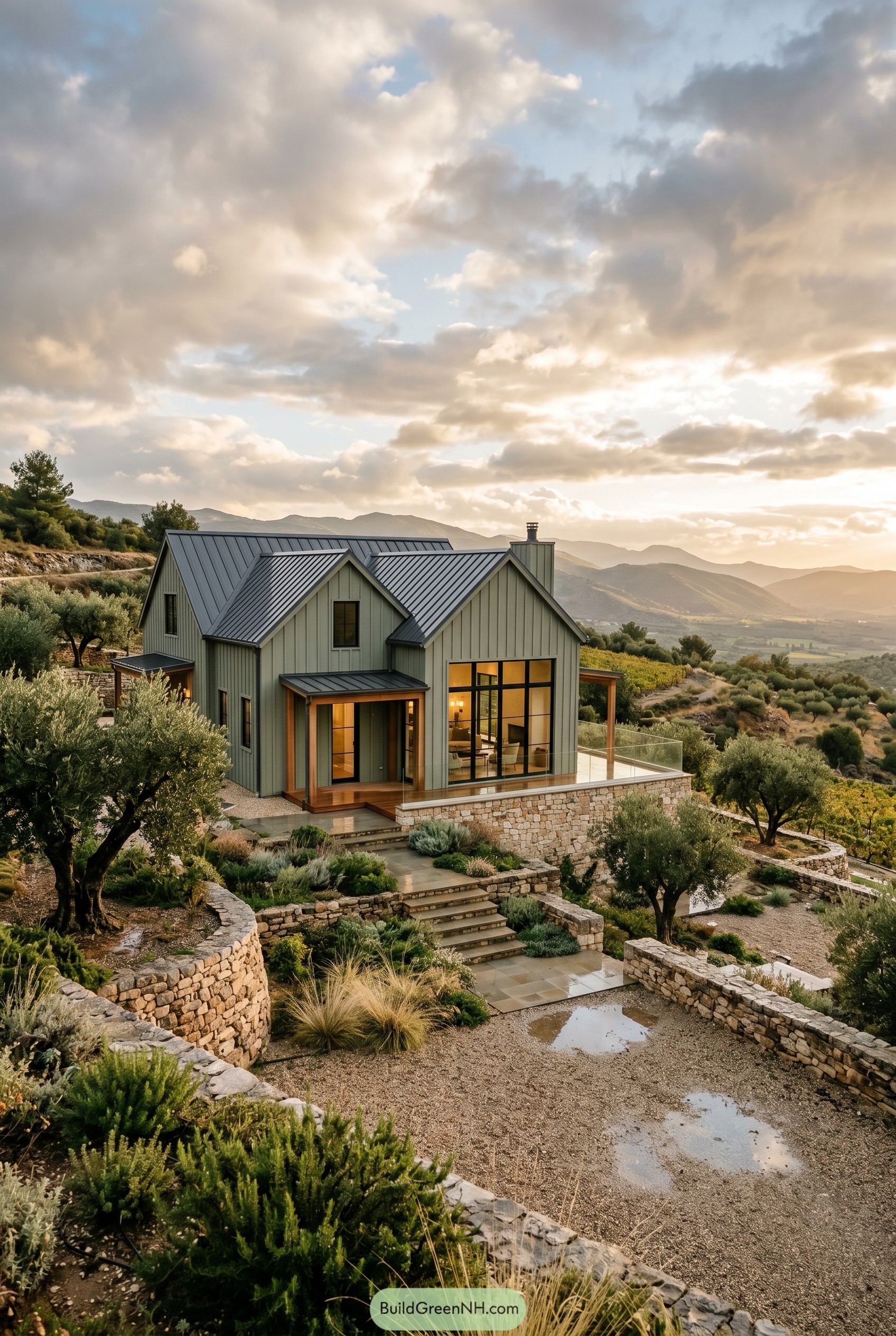 Sage green modern gabled house on a terraced hillside