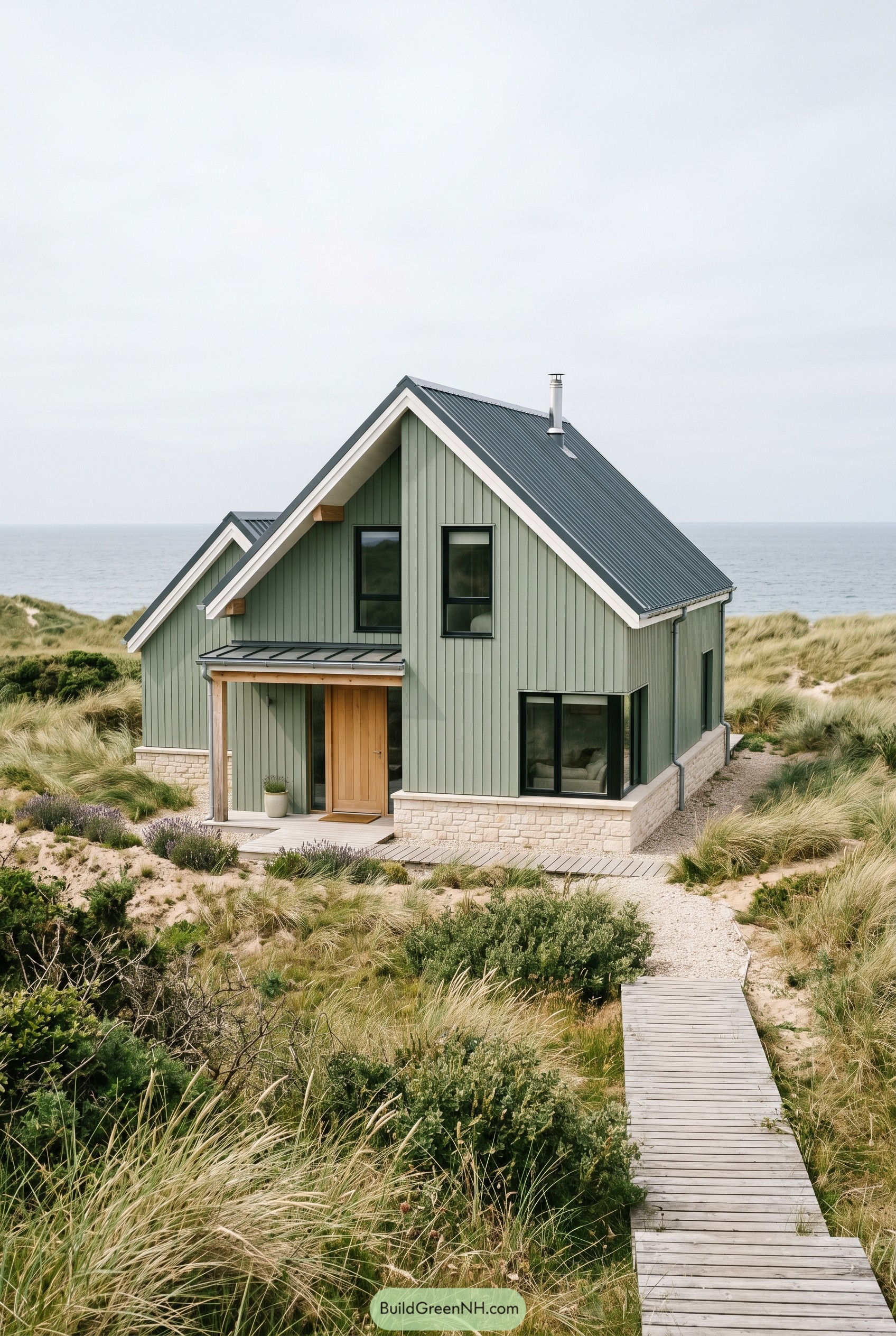 Sage green gabled house in coastal dunes