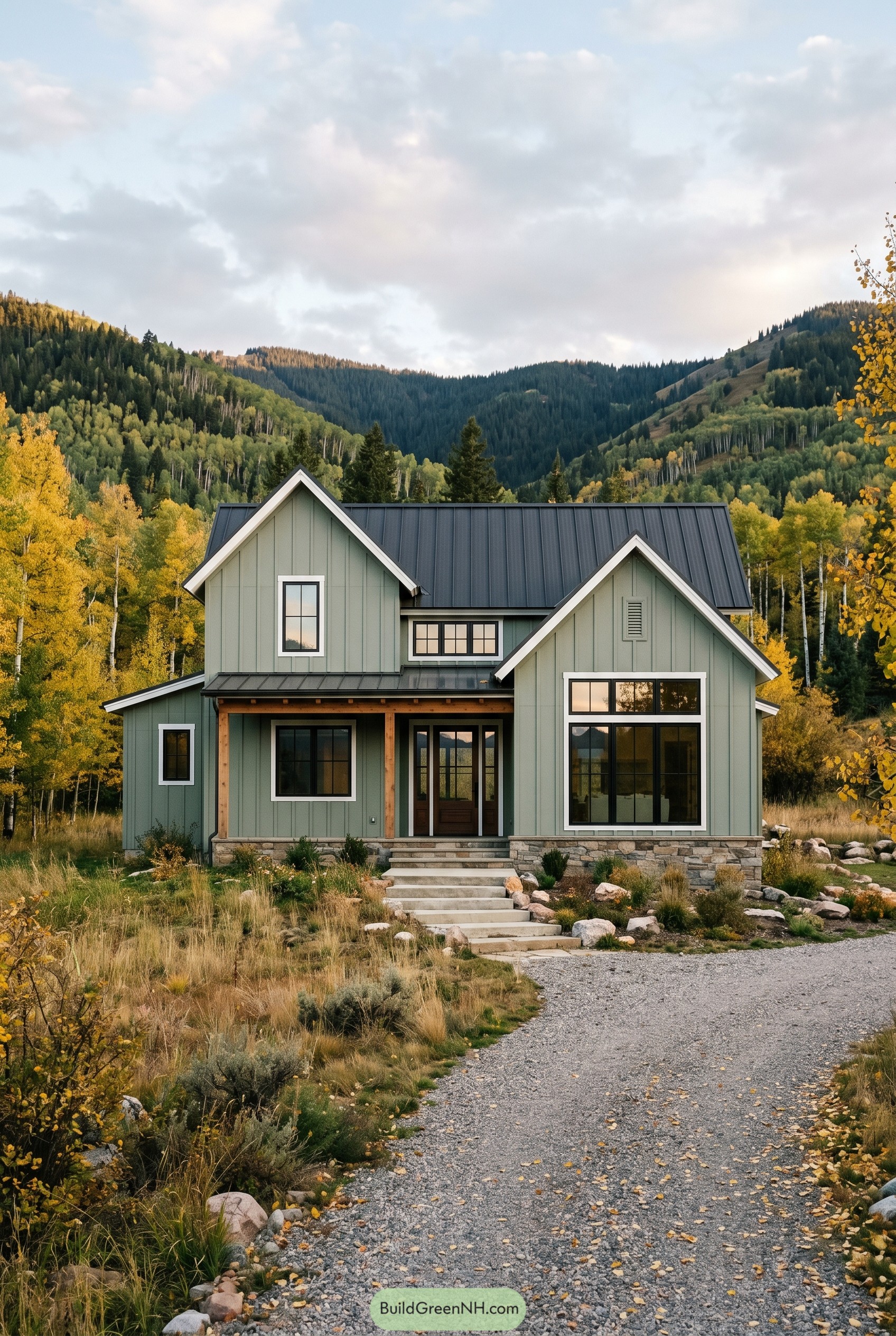 Modern sage green gabled house in a mountain valley