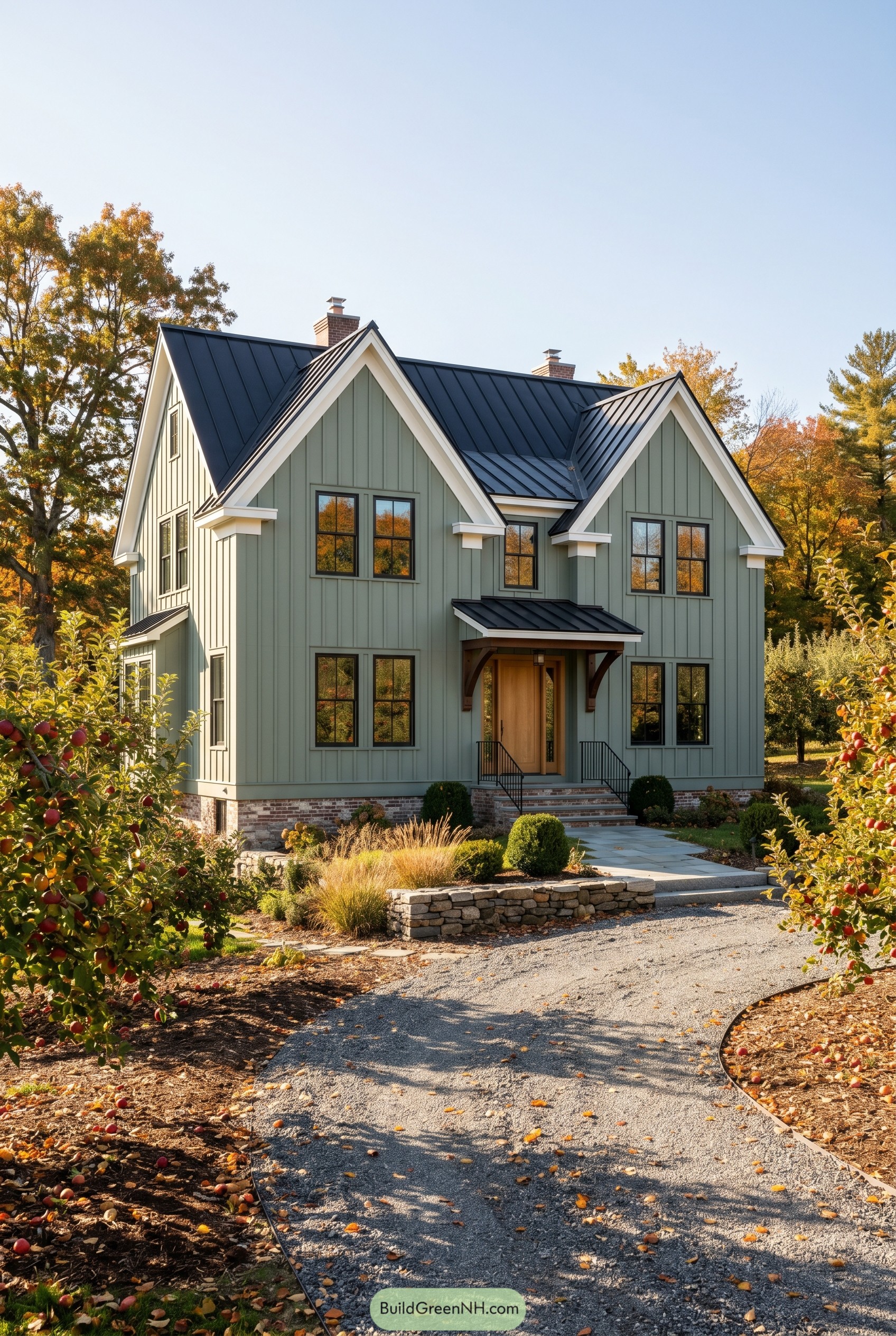 Sage green modern gabled house with black metal roof