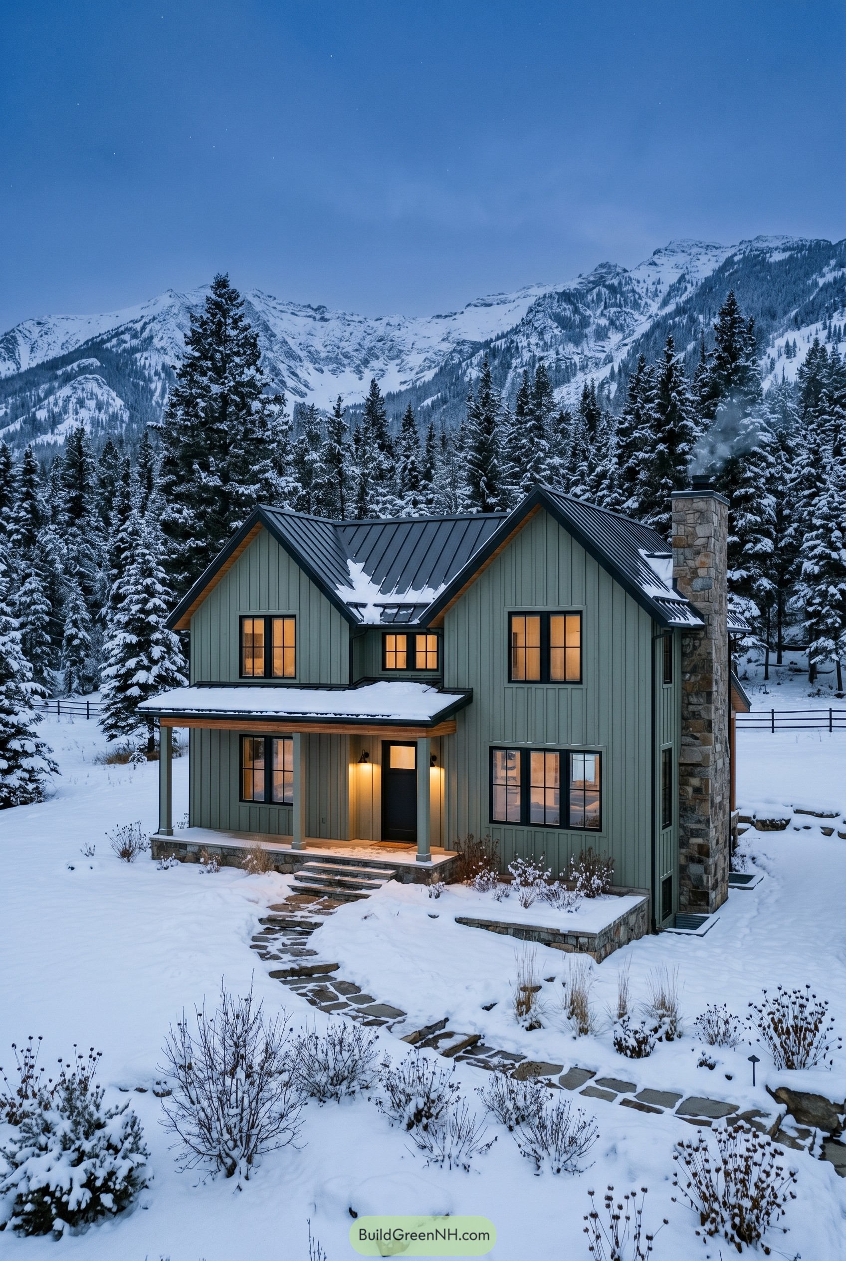 Sage green gabled house in snowy mountains