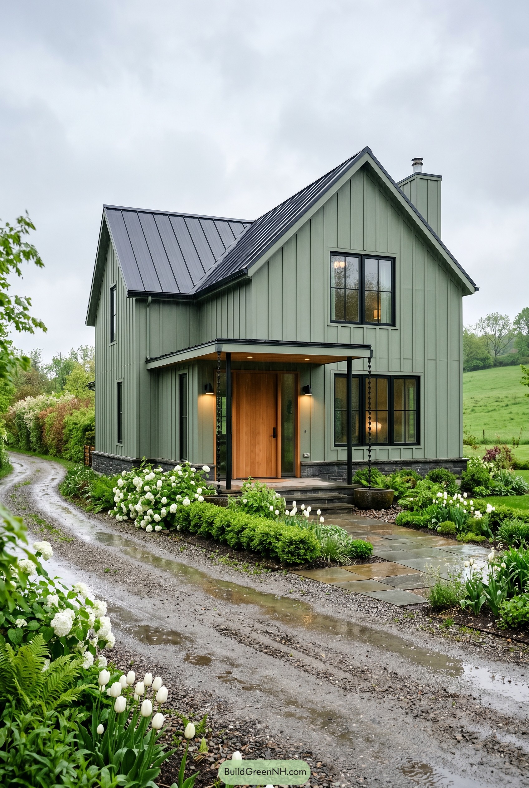 Sage green gabled home with black metal roof