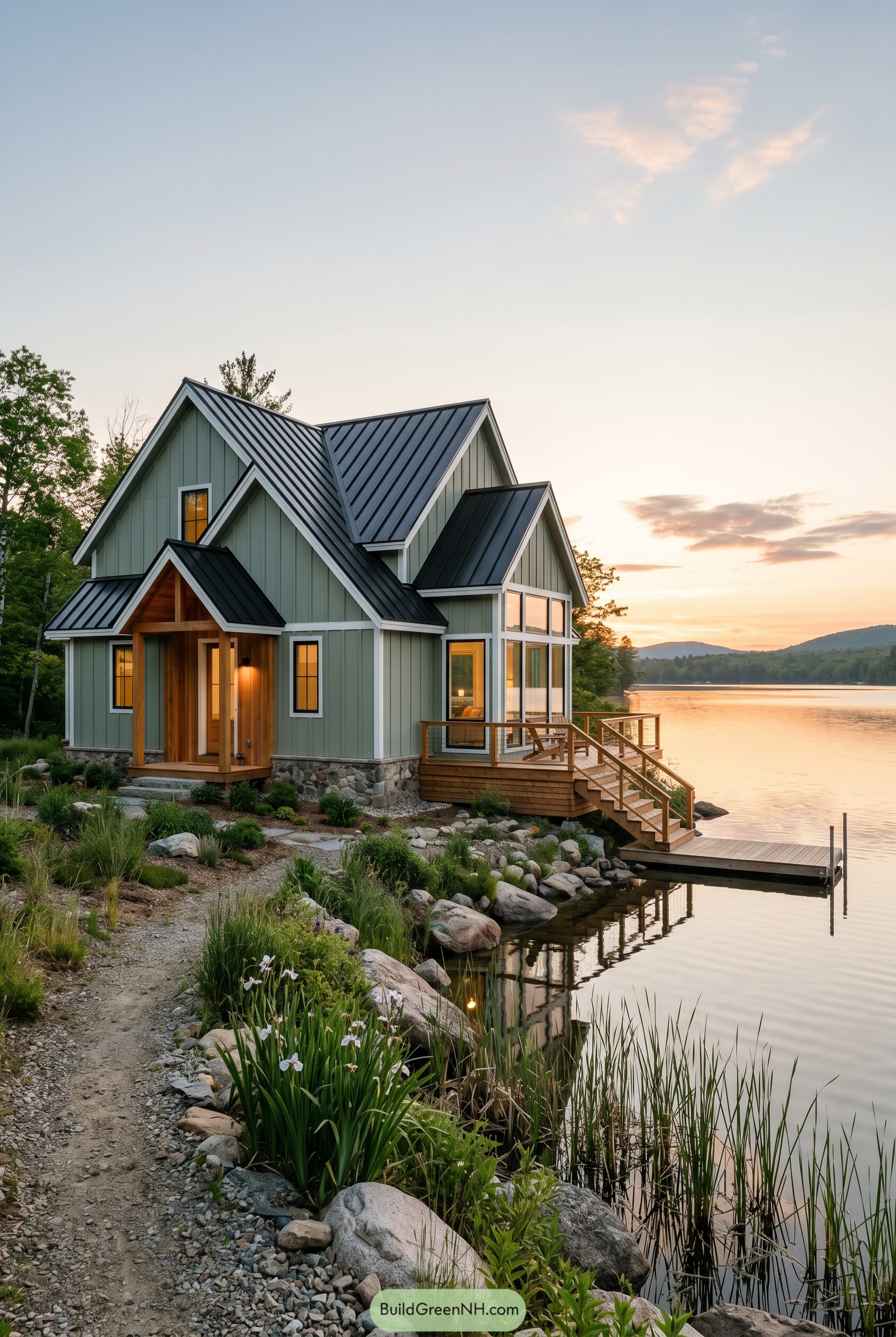 Sage green gabled lakeside house with dock