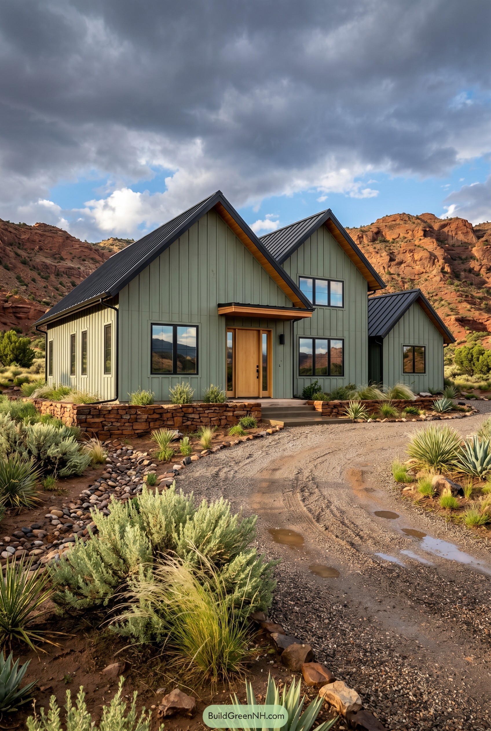 Sage green modern gabled house in red rock desert