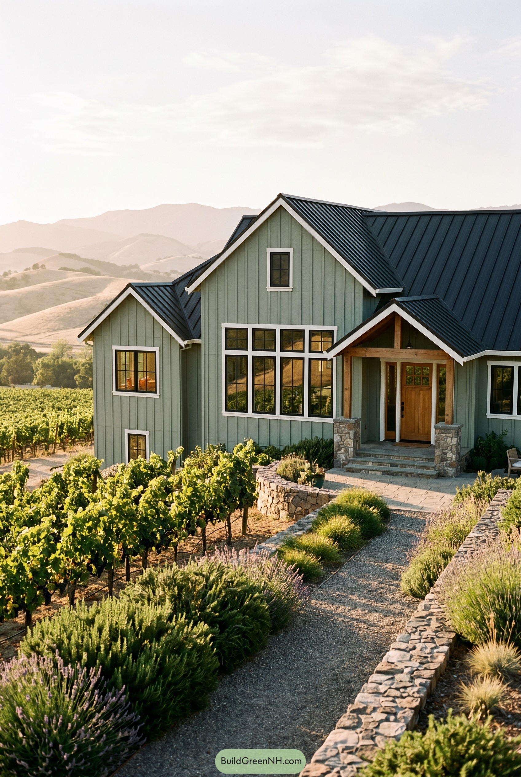 Sage green gabled home overlooking vineyard