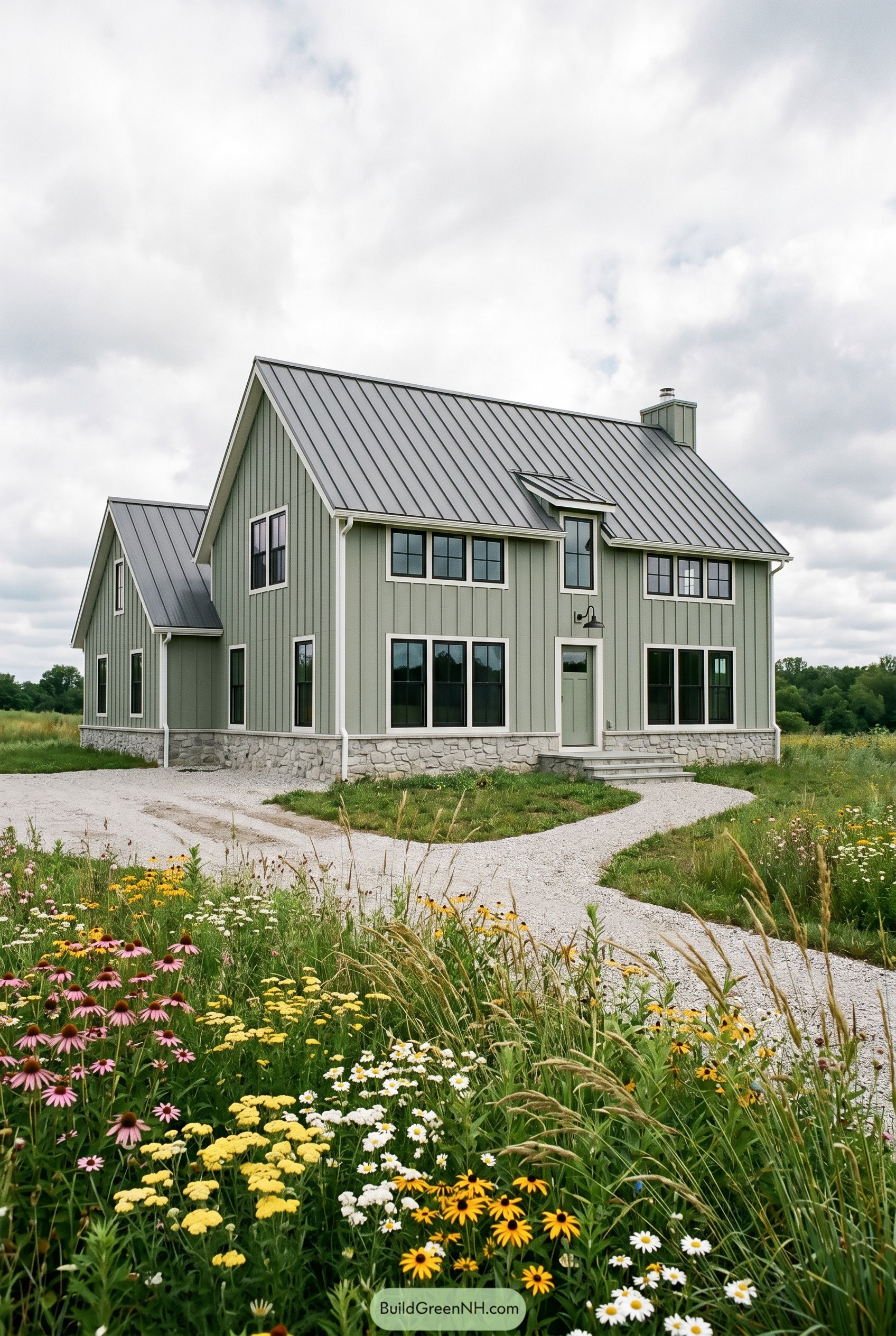 Sage green gabled house with wildflowers