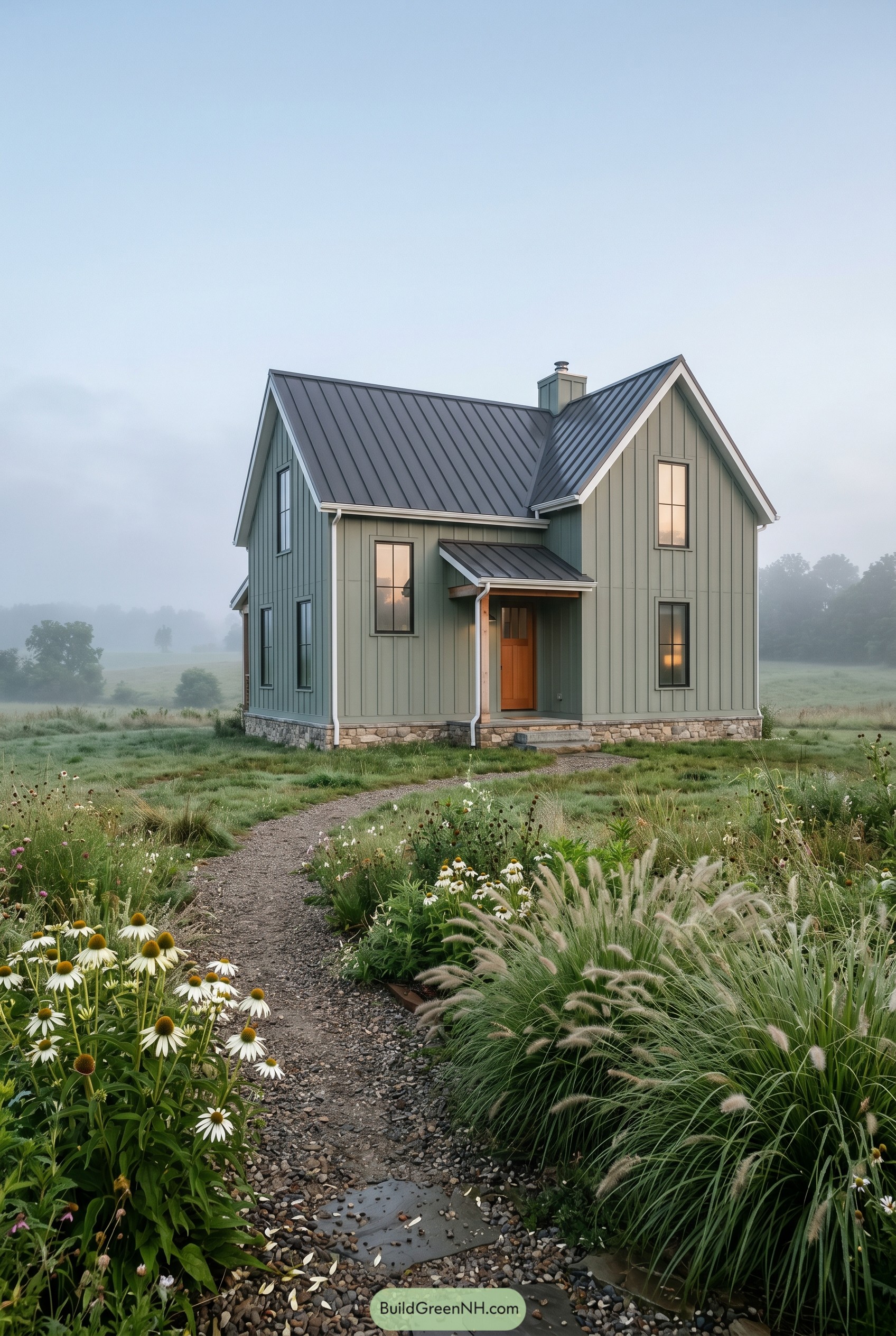 Sage green modern gabled house with metal roof