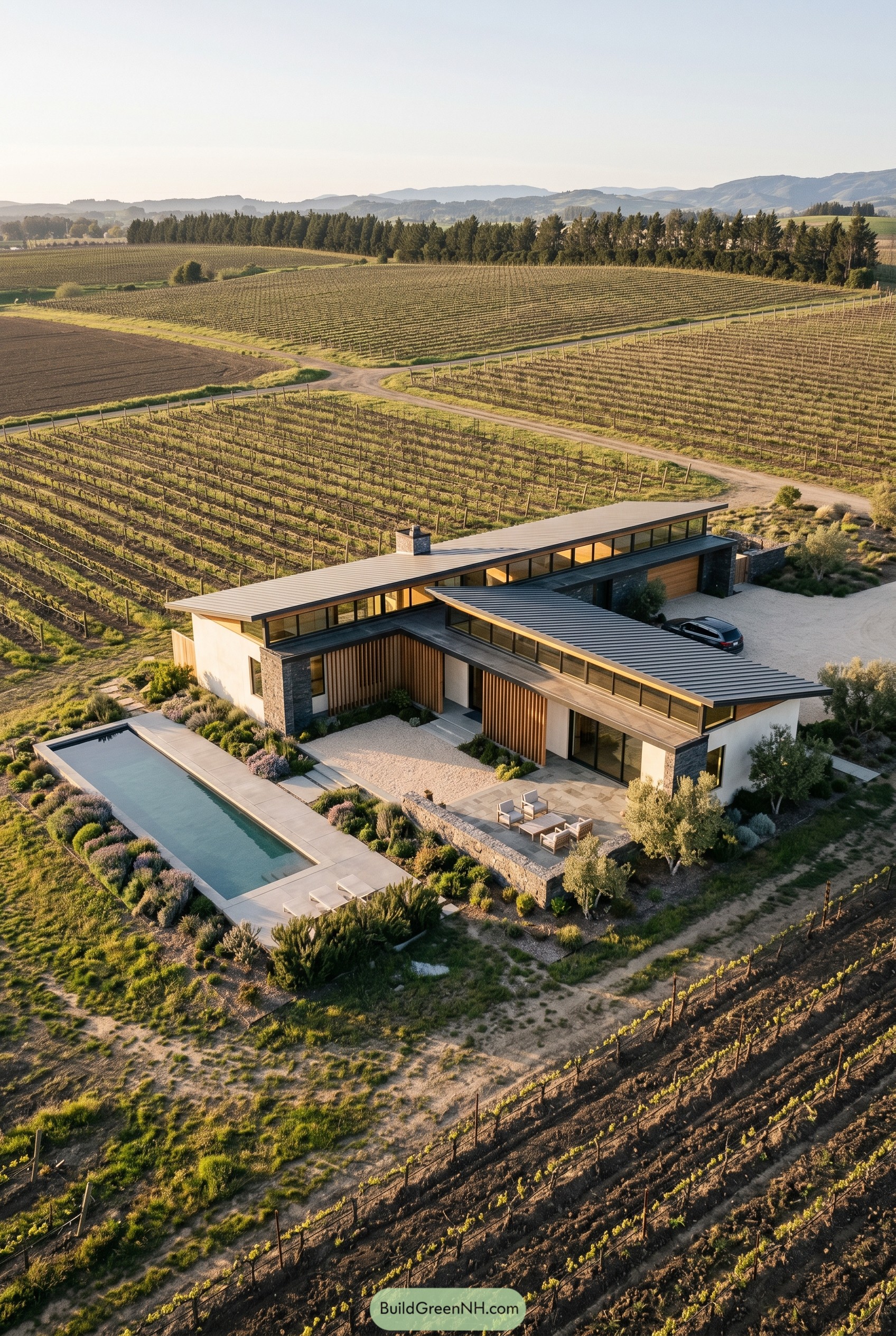 Single story modern house beside vineyard rows with a lap pool