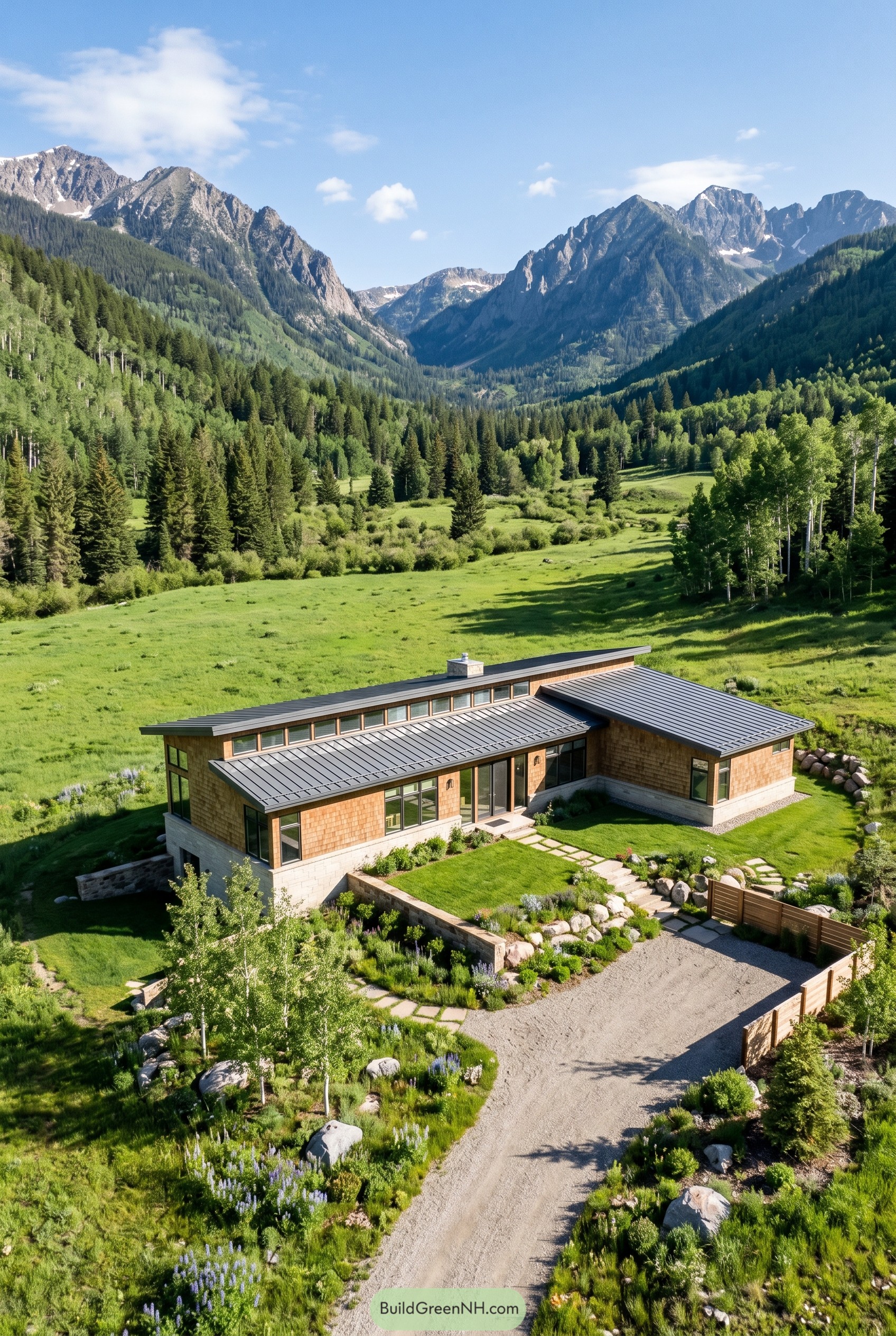 Single story wood home with clerestory windows in an alpine meadow