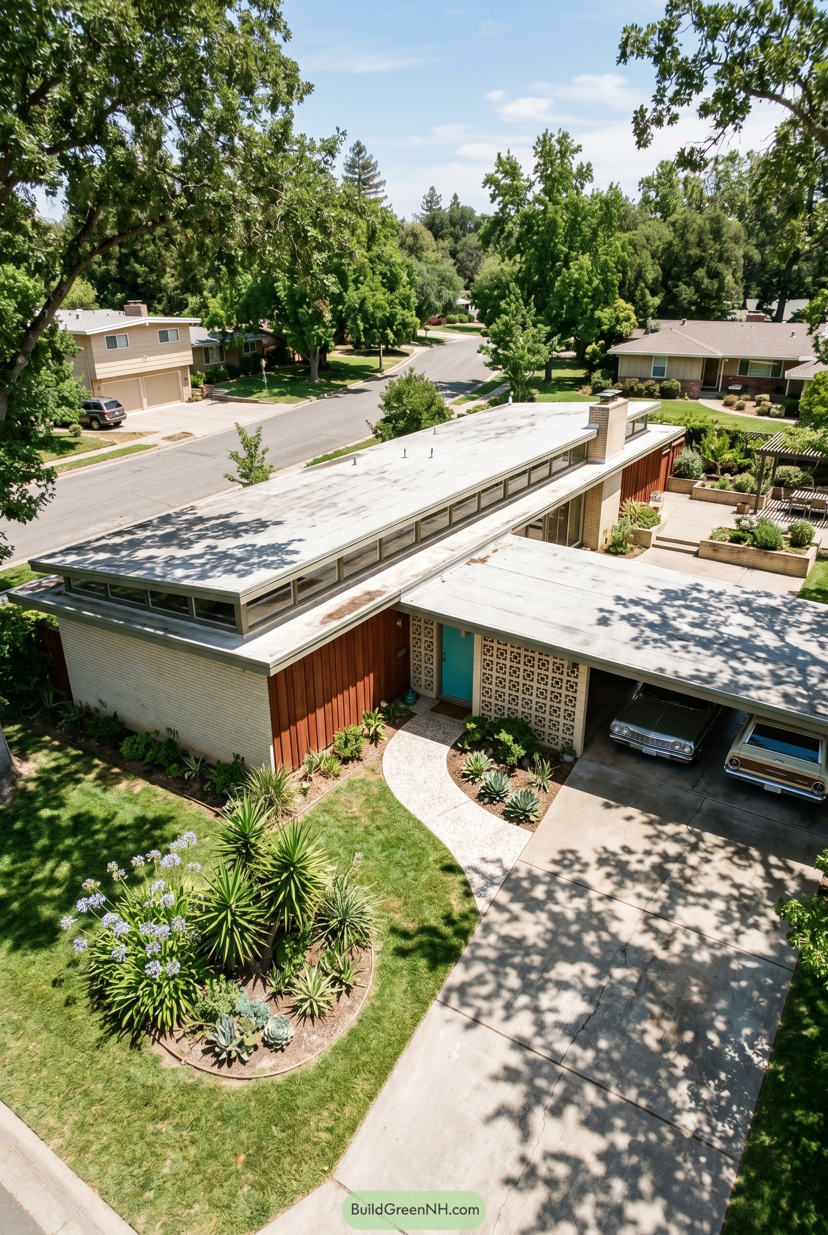 Midcentury single story home with long clerestory roof and carport