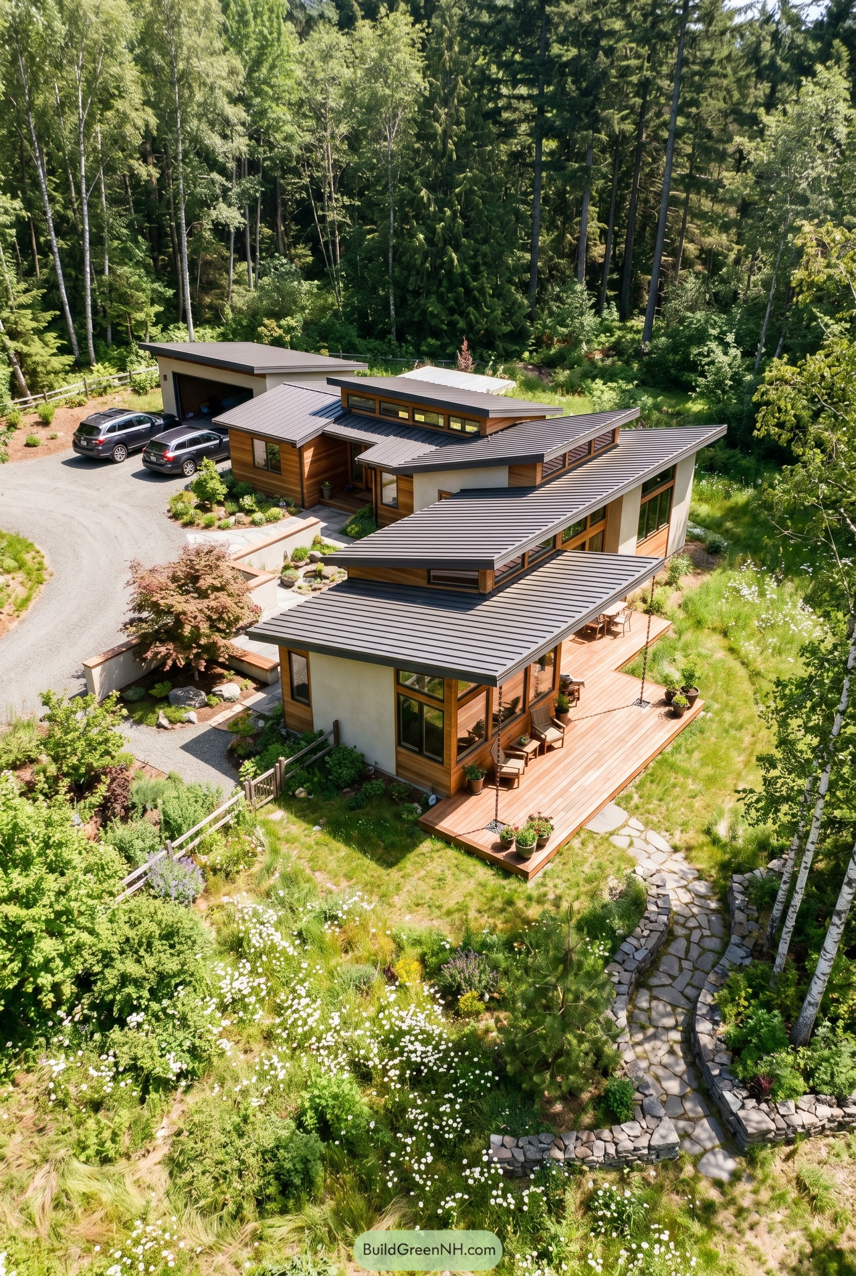 Contemporary single story house with clerestory roofs in a forest clearing