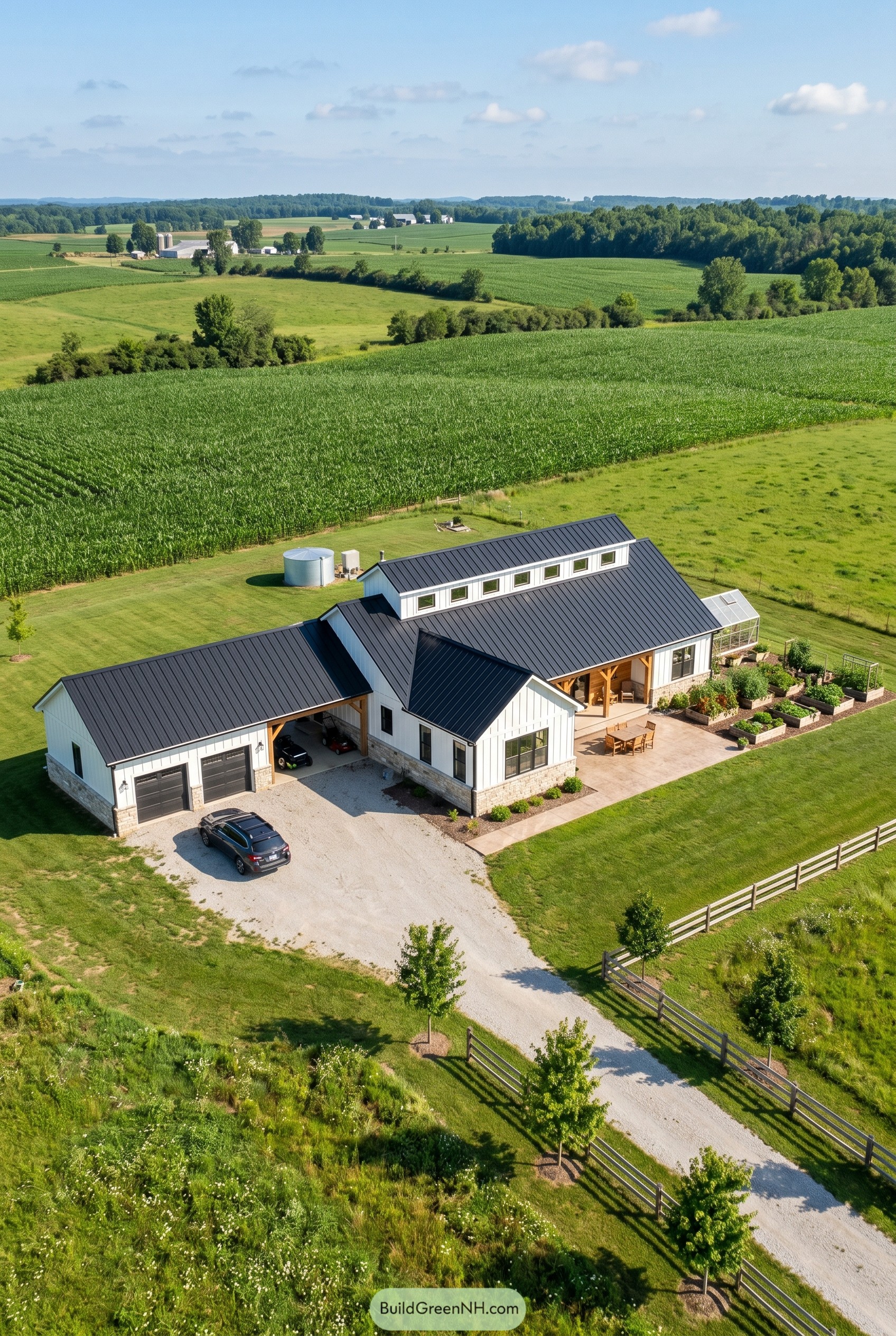 White single story farmhouse with a monitor clerestory roof in open farmland
