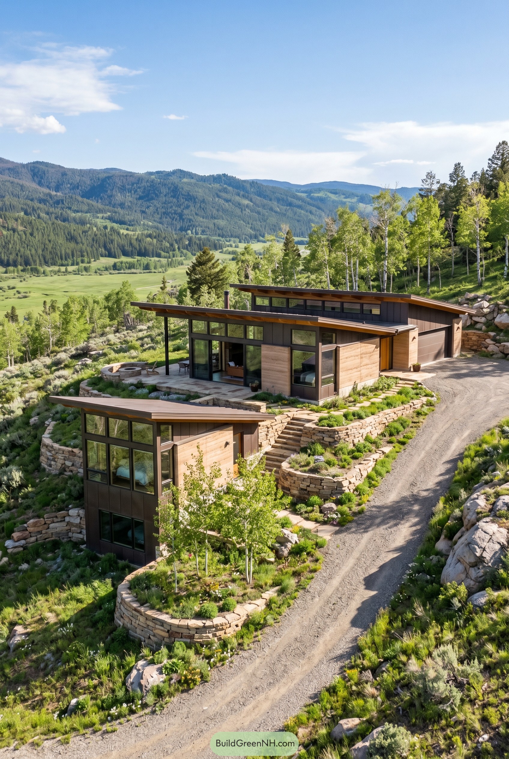 Modern hillside home with clerestory windows and stone terraces