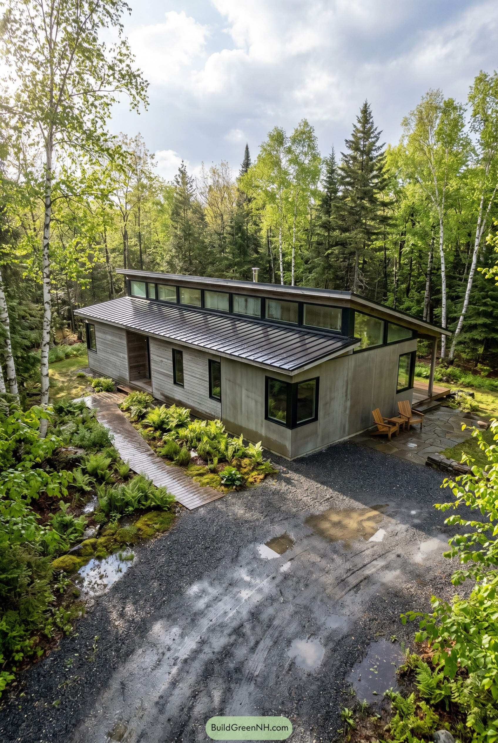 Single story modern house with clerestory windows in a forest