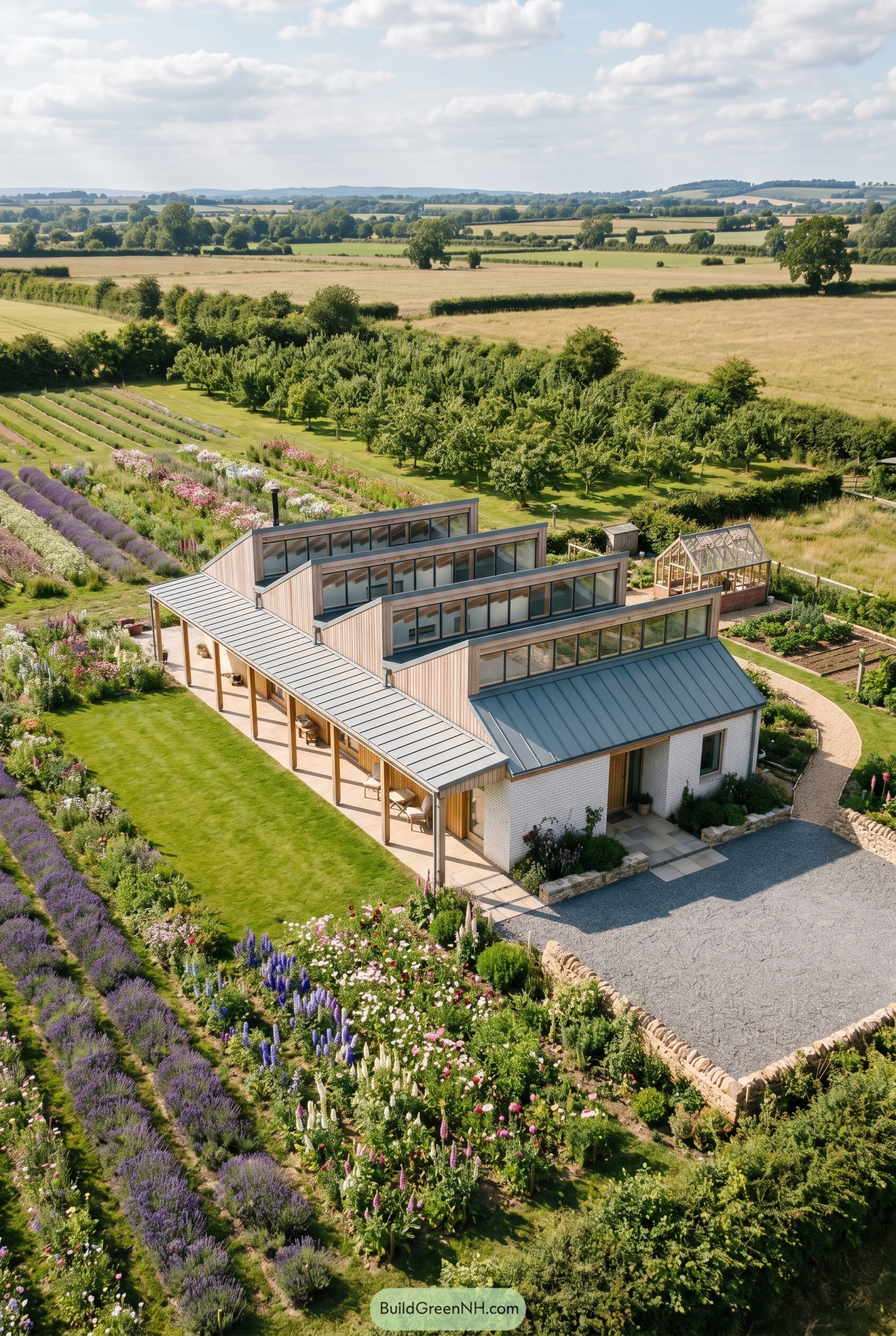 Single story clerestory cottage surrounded by lavender and orchards