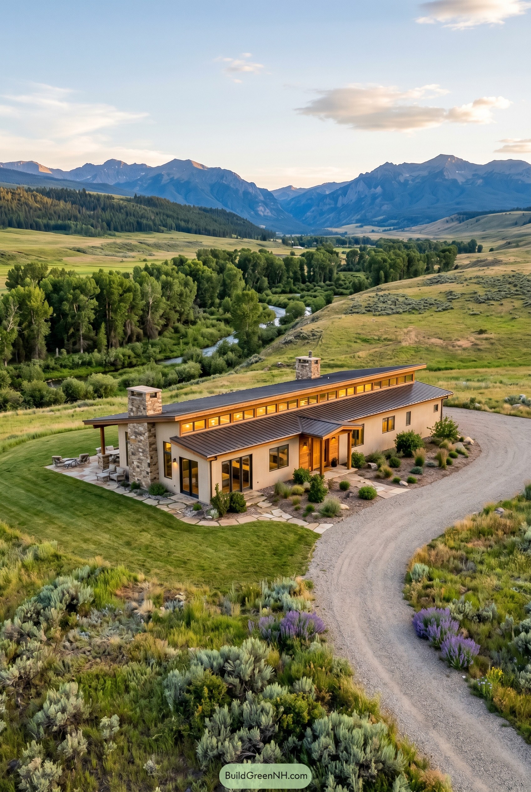 Single story home with clerestory windows and stone chimneys in a mountain valley