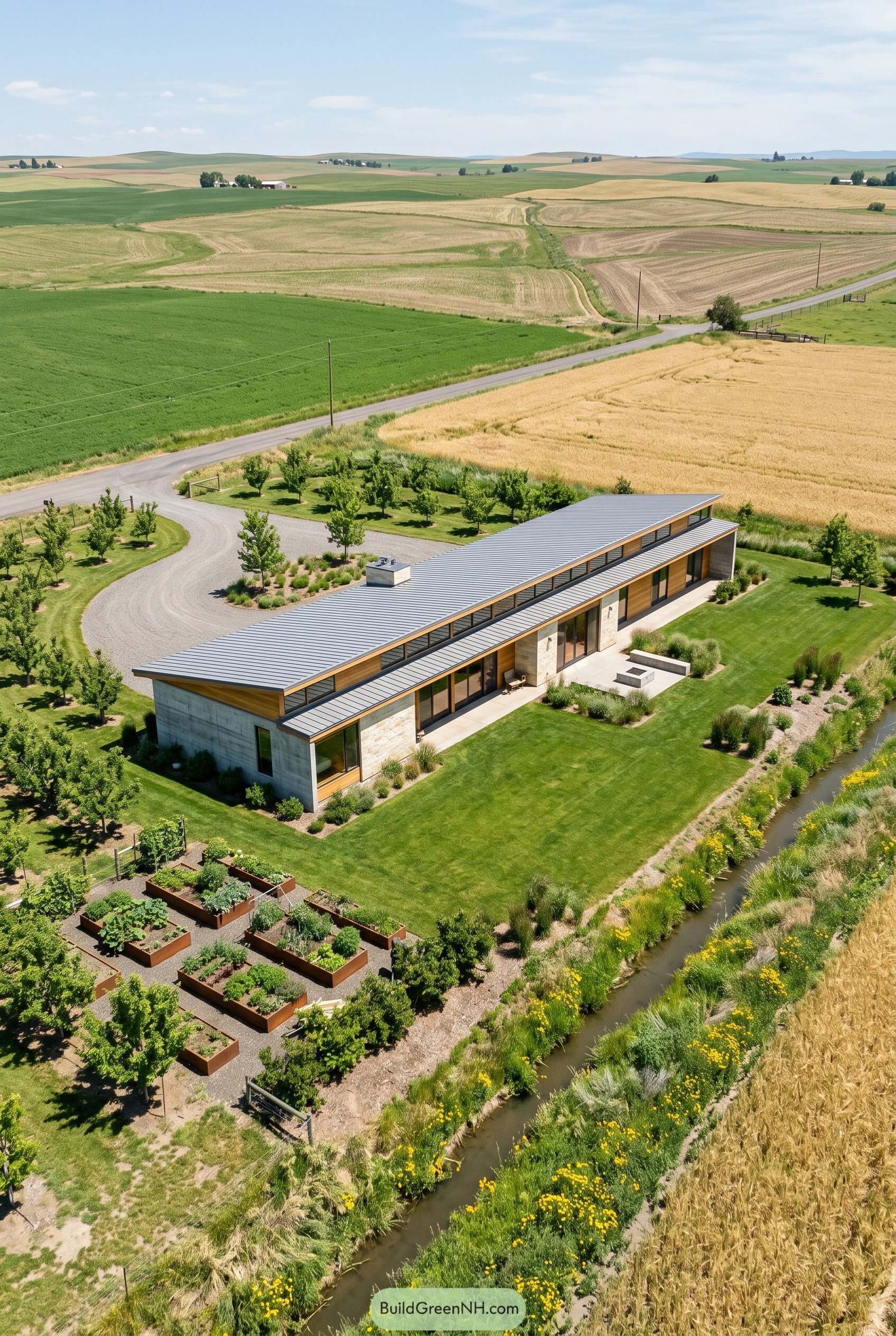 Long clerestory house beside farmland and canal