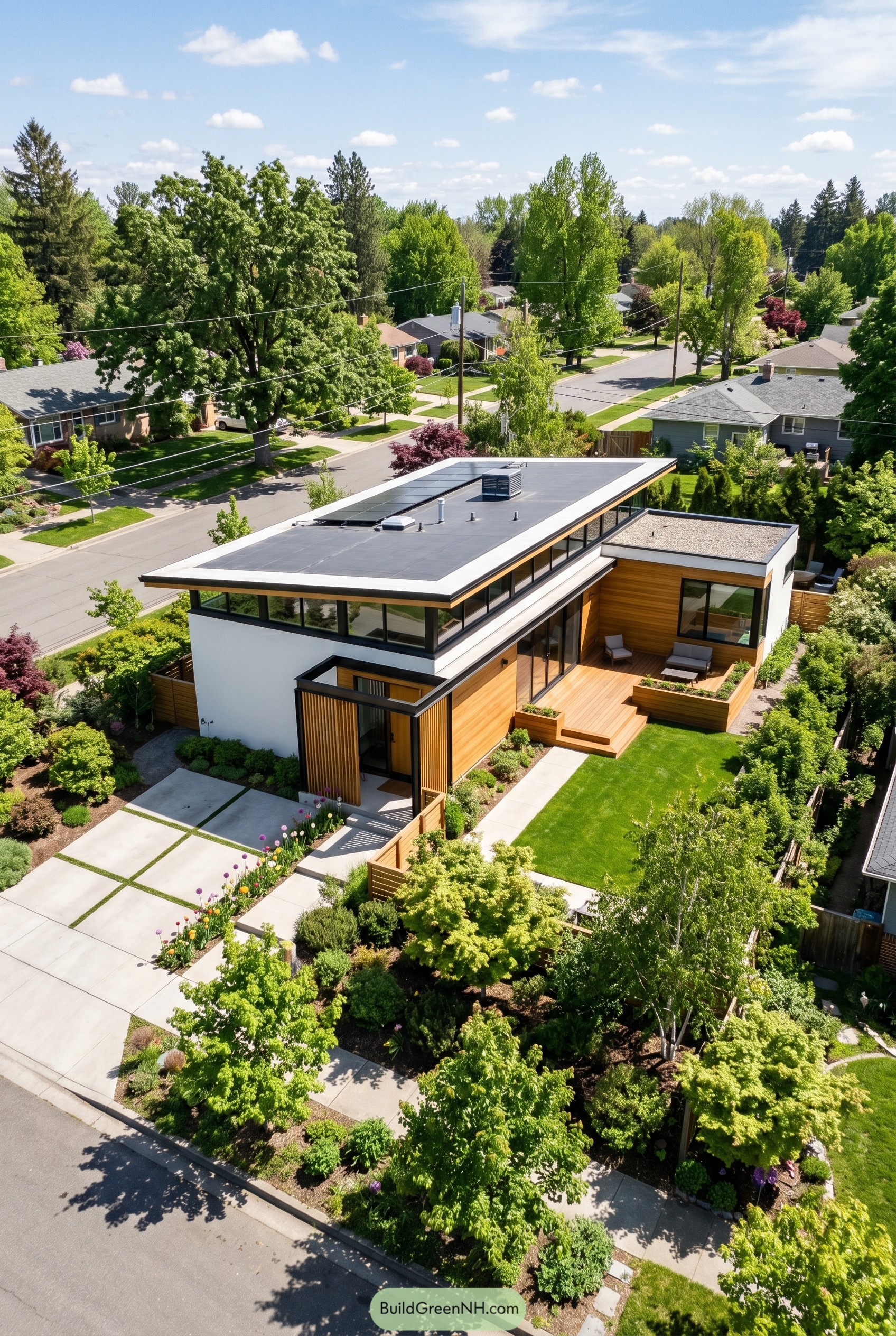 Modern single story home with clerestory windows and wood deck