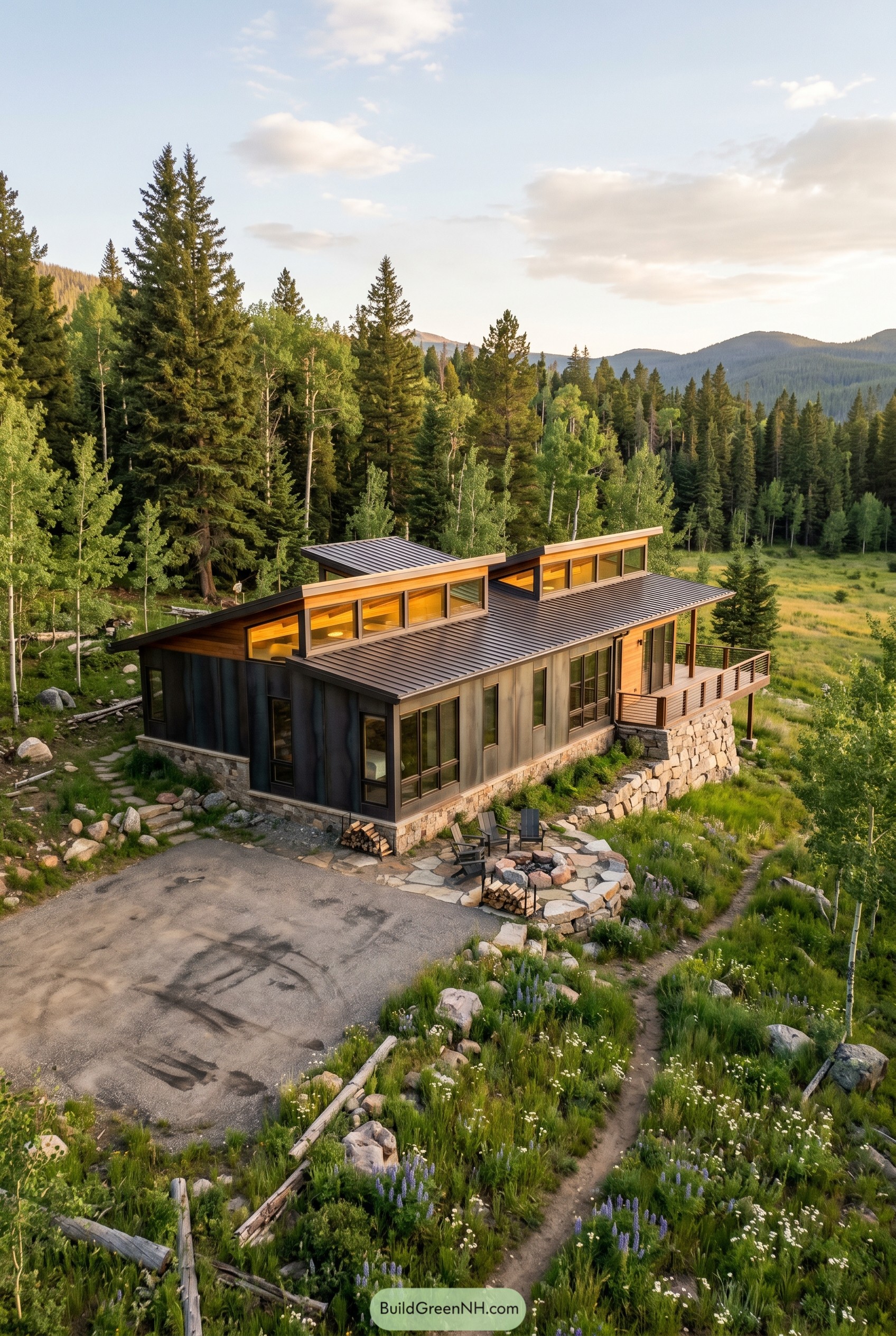 Single story mountain house with clerestory windows and deck