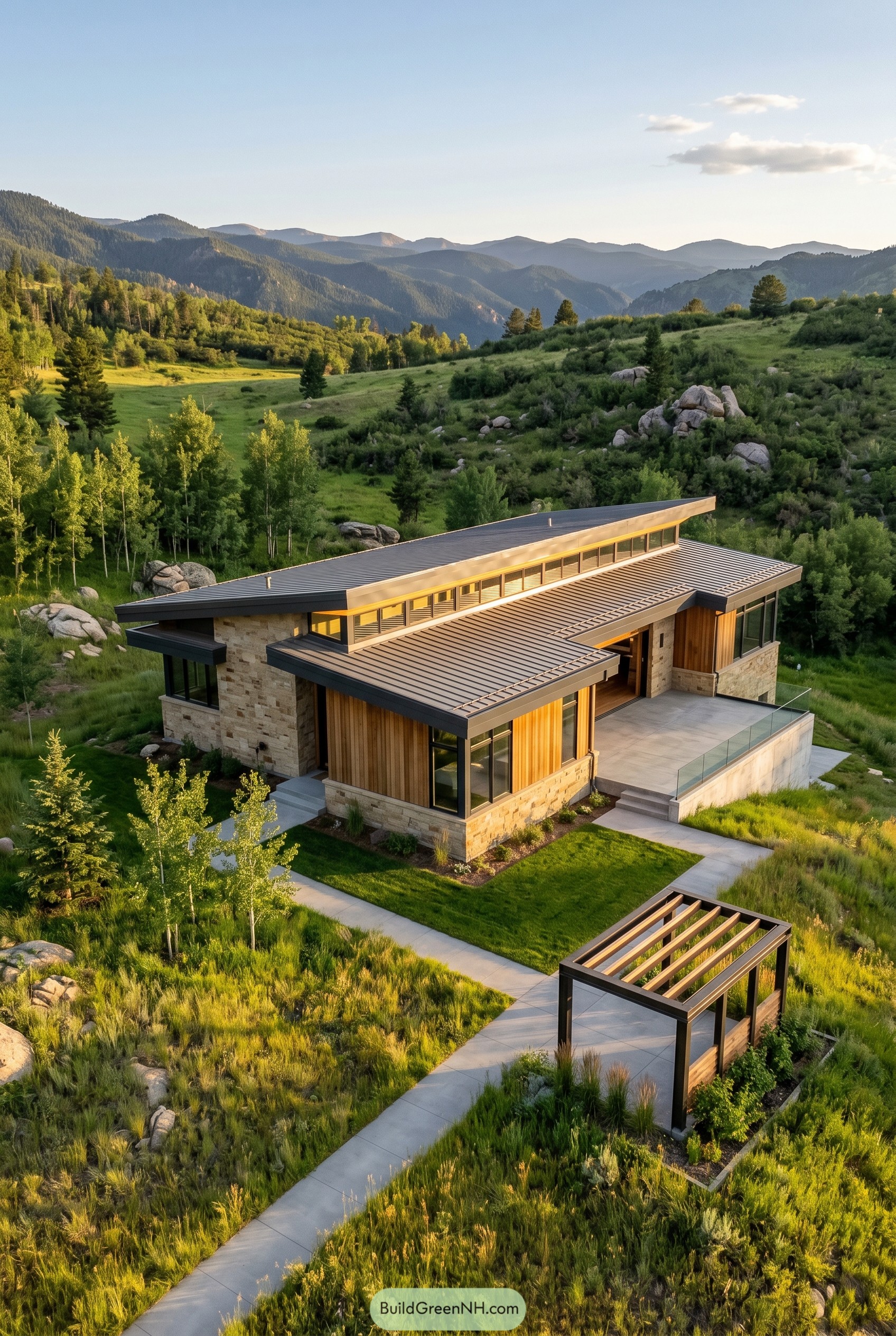 Single story modern house with clerestory windows in a mountain meadow