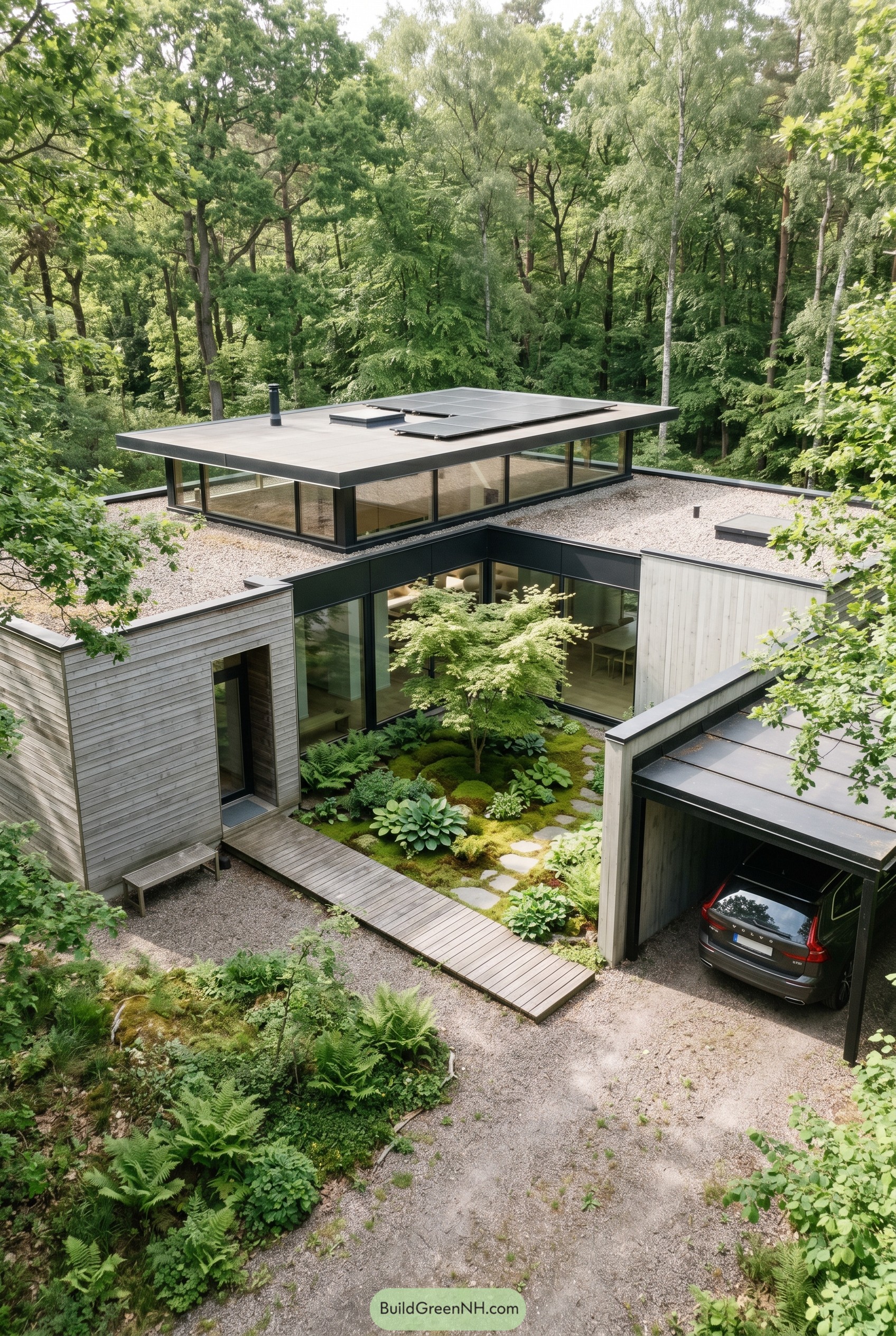 Single story courtyard house with clerestory pavilion in forest