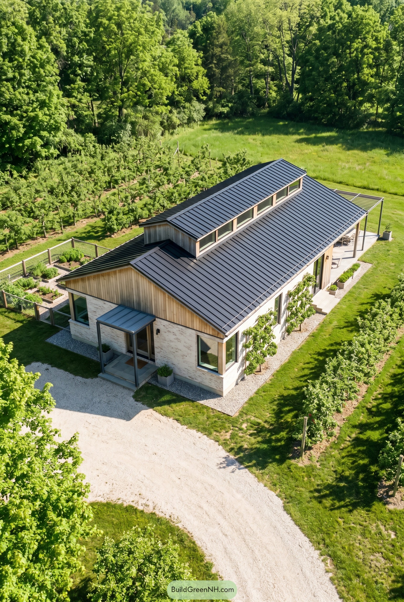 Single story farmhouse with clerestory roof in an orchard