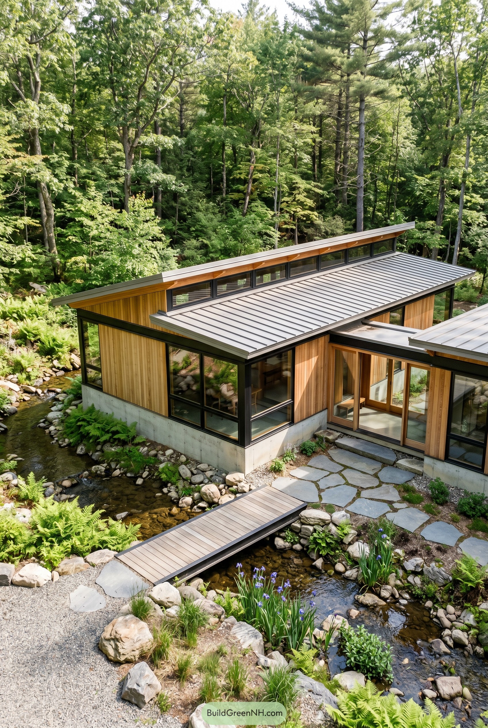 Single story cedar house with clerestory windows over a stream