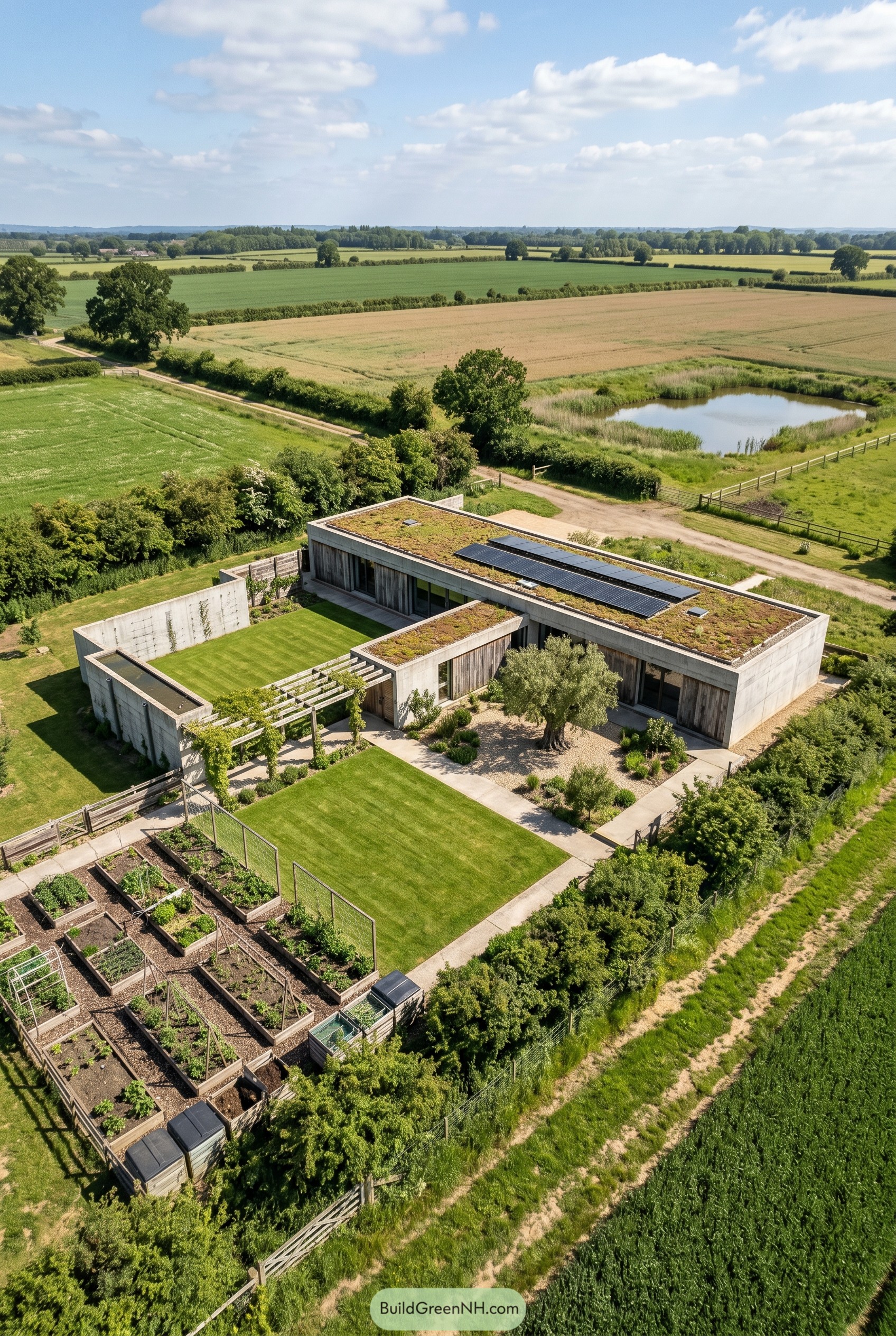 Single story concrete courtyard house with green roof and vegetable garden