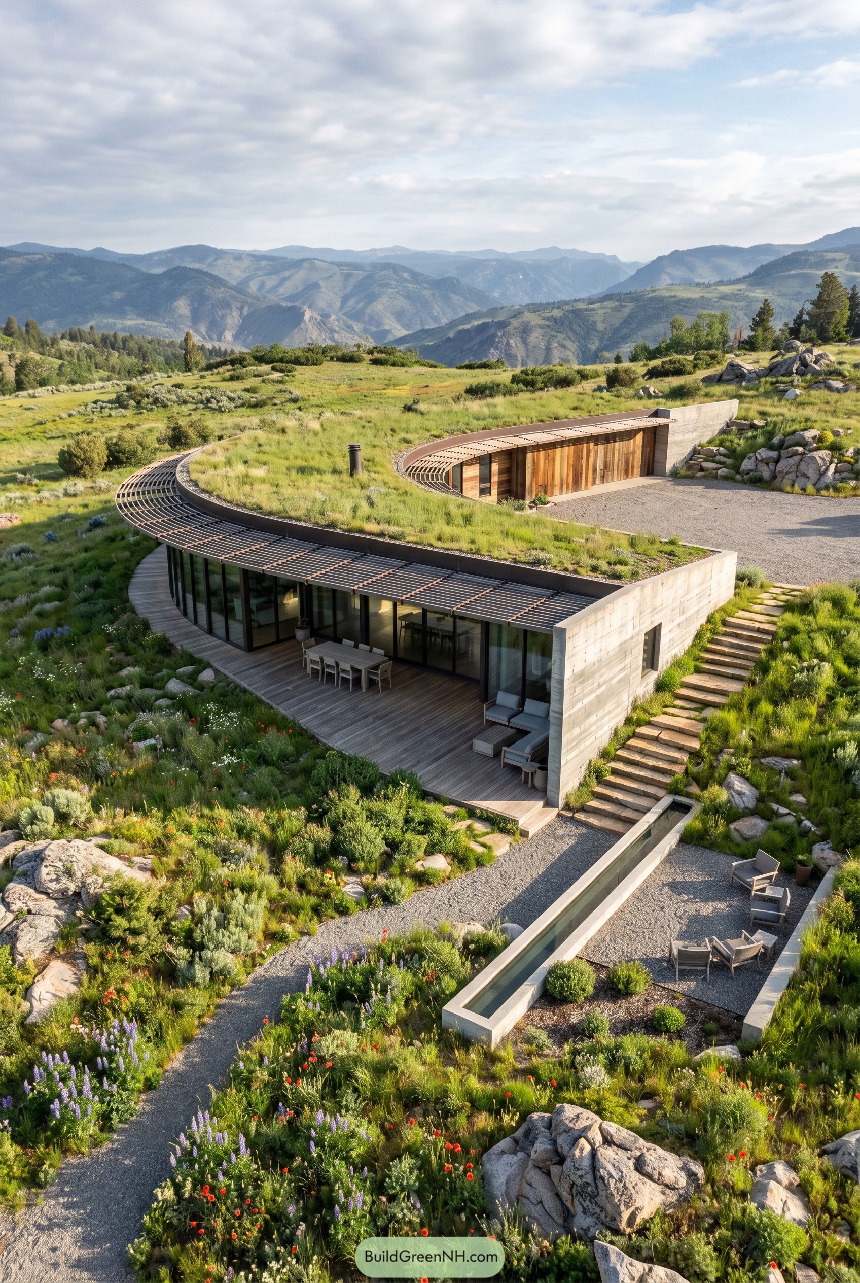 Curved concrete hillside home with a planted roof