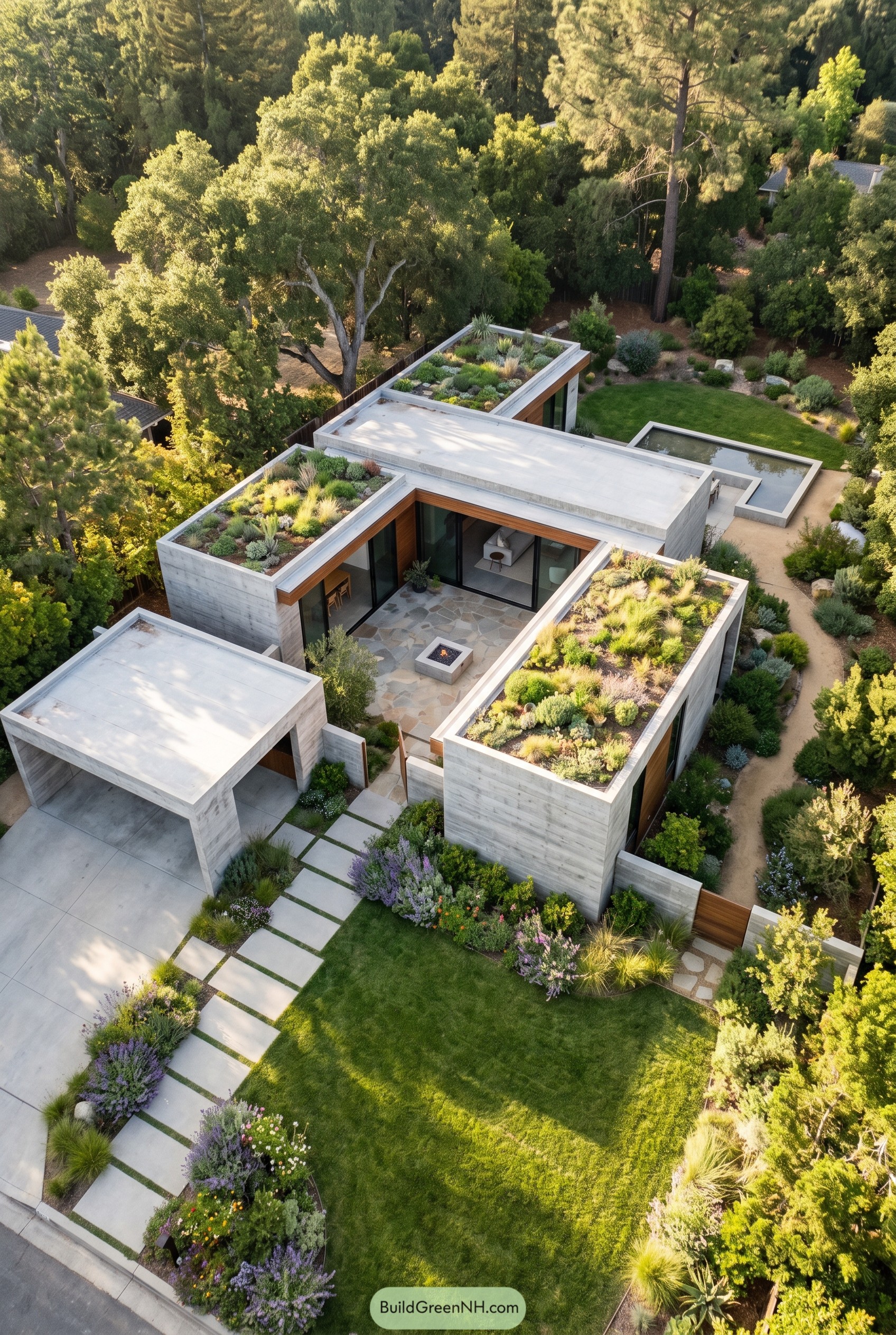 Aerial view of a concrete courtyard home with green roofs